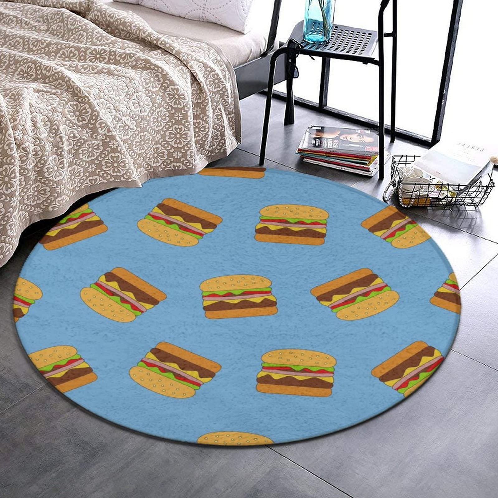 Soft Flannel Splat Mat Round Area Rug - Fast Drying Bathroom Rug for Living Room & Bedroom - Washable Party Birthday Festival Decorative Rug with Hamburger Junk Food Design (5 Feet) - Perfect for Kids' Playroom, Dorm Decor, and Themed Events