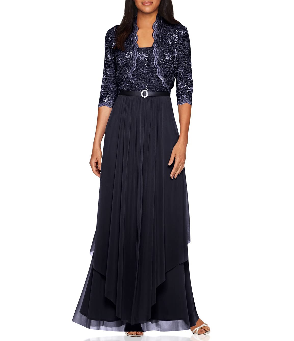 R&M Richards Women's Sequin Lace Long Jacket Dress - Elegant Mother of The Bride Gown for Weddings & Special Occasions