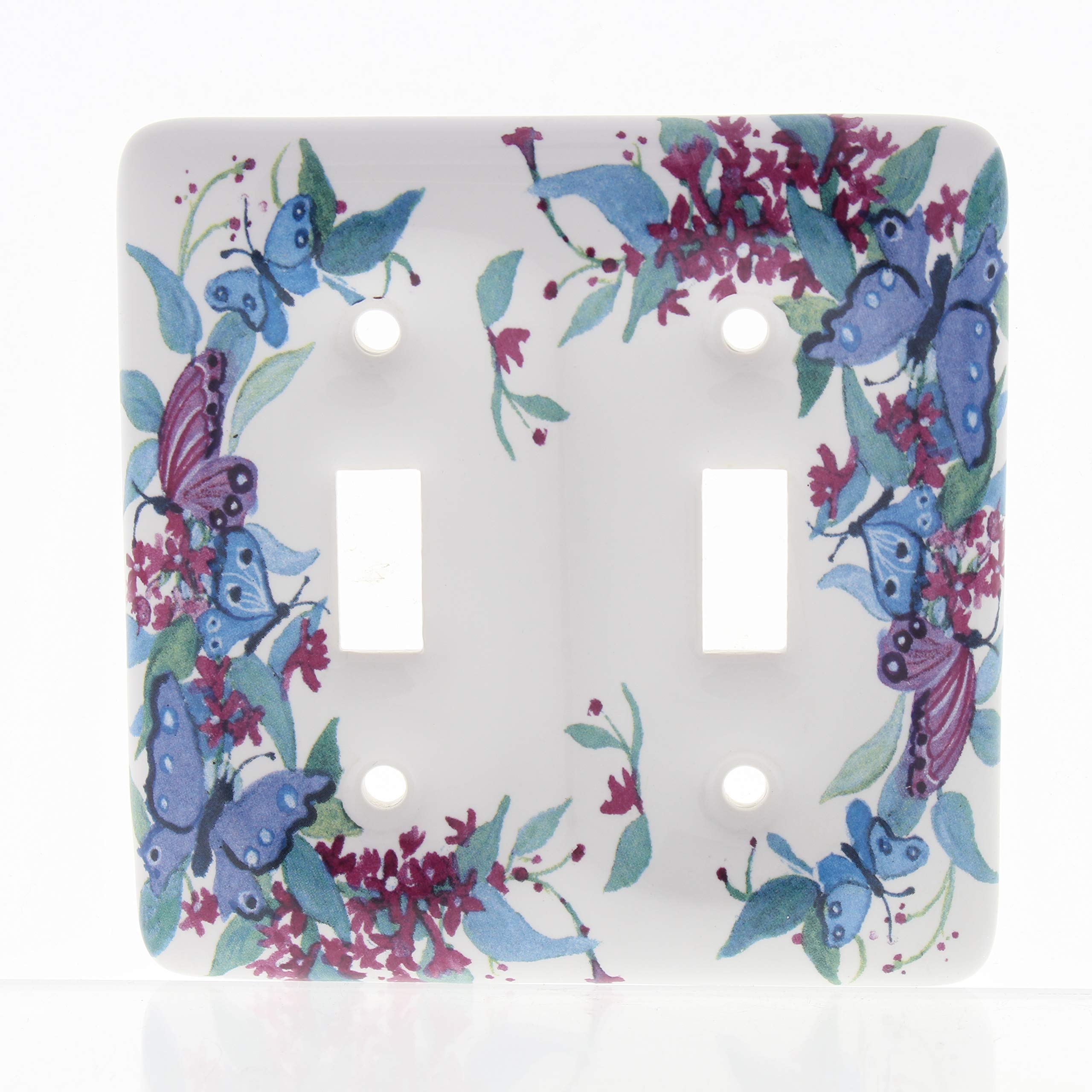 Leviton 89509-FLY 2-Gang Porcelain Toggle Switch Plate Cover with Butterfly Design - Durable Wall Plate for Home, Office & Commercial Use