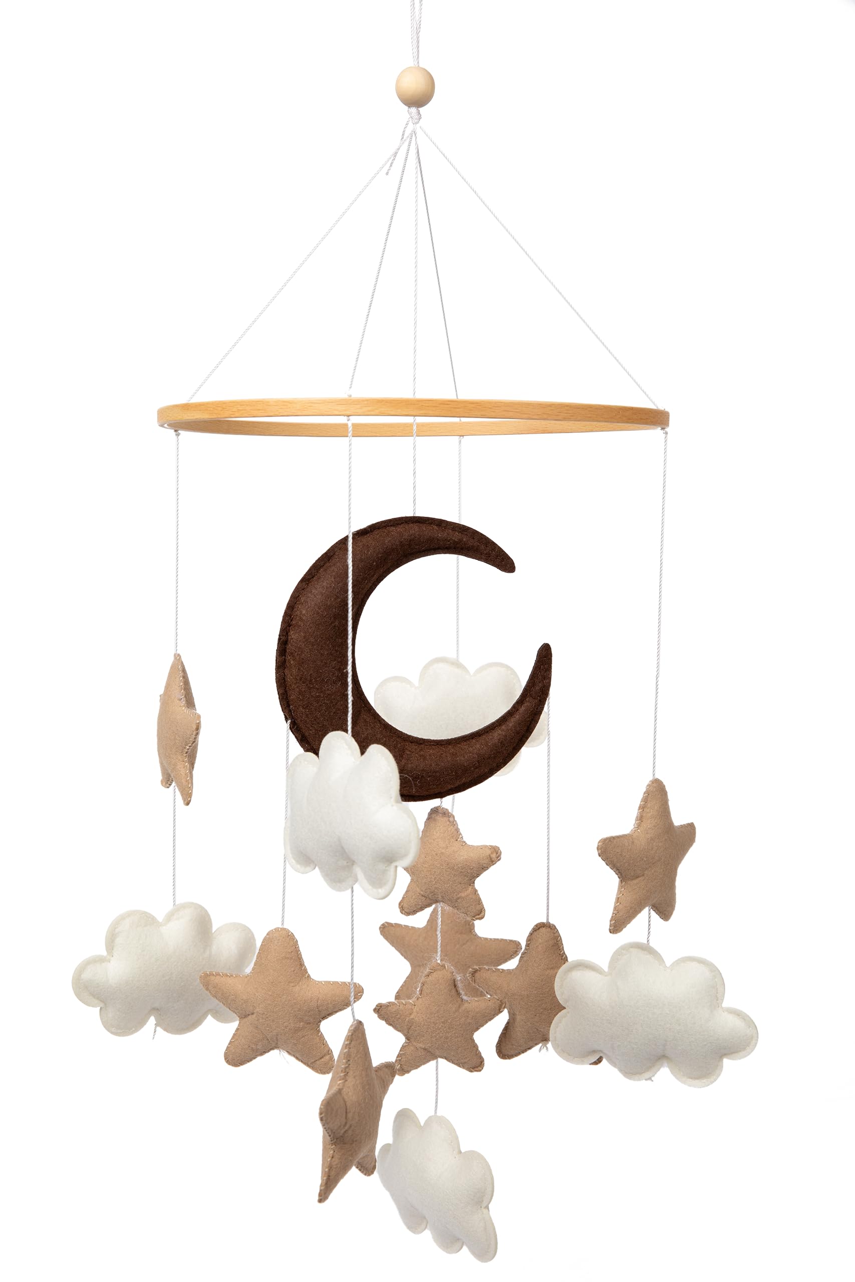 Brown Moon Stars & Beige Clouds Felt Baby Crib Mobile - Gender Neutral Nursery Decor for Boys & Girls - Modern Boho Crib Mobile for Baby Showers, Newborn Photography & Nursery Room Decor