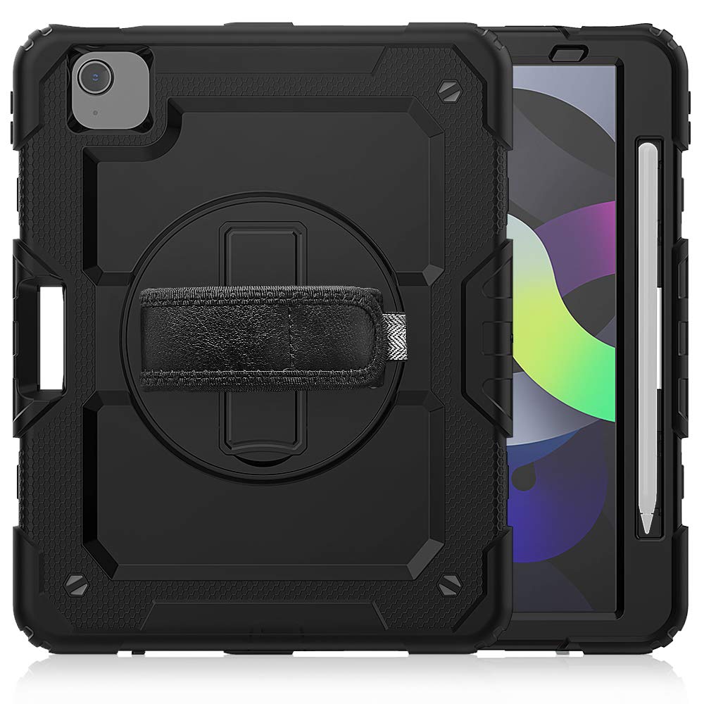 Premium Shockproof iPad Air 4th Gen Case (2020 Model) & iPad 10.9 Case - 360° Rotatable Hand Strap & Kickstand Cover with Screen Protector | Compatible with iPad Pro 11 2020/2018 | Perfect for Work, Travel & Entertainment (Black)