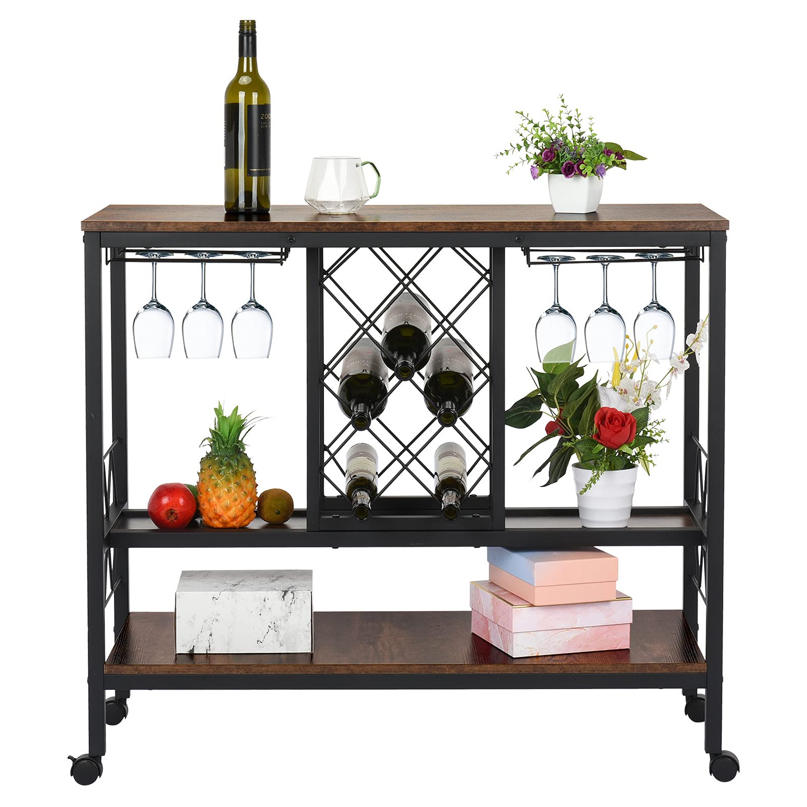 Vintage Industrial Wine Rack Table with Glass Holder & Storage - Kitchen Bar Cabinet with Wheels, Brown | Perfect for Home Bars, Dining Rooms & Small Kitchen Organization