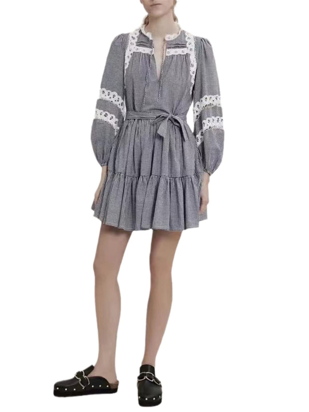 Women's Casual Plaid Mini Dress with Stand Collar, Long Sleeves, Lace Panel & High Waist - Perfect for Office Wear, Date Nights & Fall Fashion