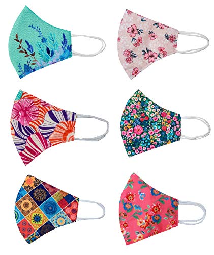 DCloud Hub Women's Cotton Face Mask - Lightweight, Breathable & Skin-Friendly, Washable & Reusable with Soft Spandex Ear Loops - 3-Layer Protection (Pack of 6) - Perfect for Daily Use, Travel, and Outdoor Activities