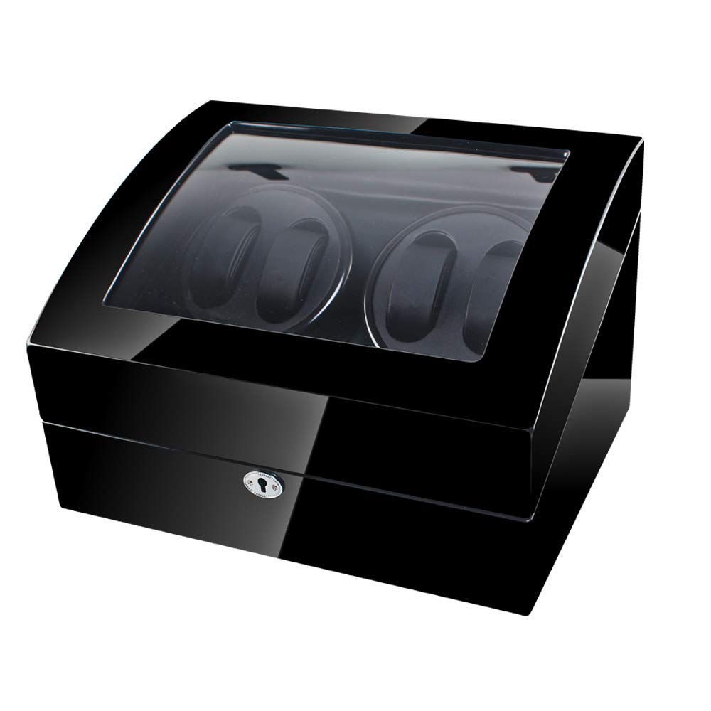 Vtime 4+6 Automatic Watch Winder - Wooden Black Watch Display Case with Quiet Motor, Blue LED Lights & Brass Knob - Luxury Watch Storage for Home, Office or Travel