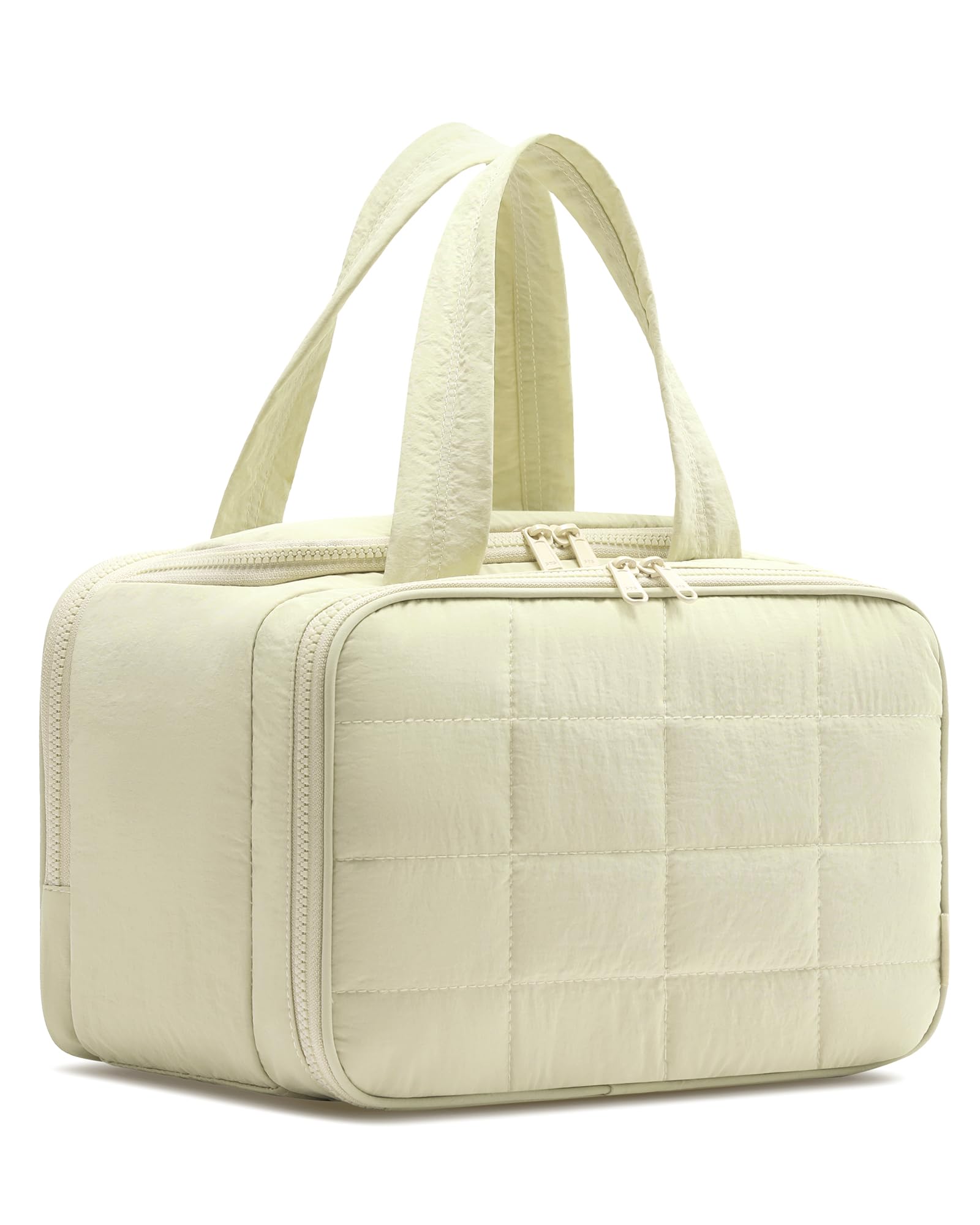 Quilted Travel Toiletry Bag for Women - Lightweight Cosmetic Makeup Organizer with Handle for Essentials | Puffy Wide-Open Design | Perfect for Air Travel, Vacation & Gym Accessories Storage (Beige)