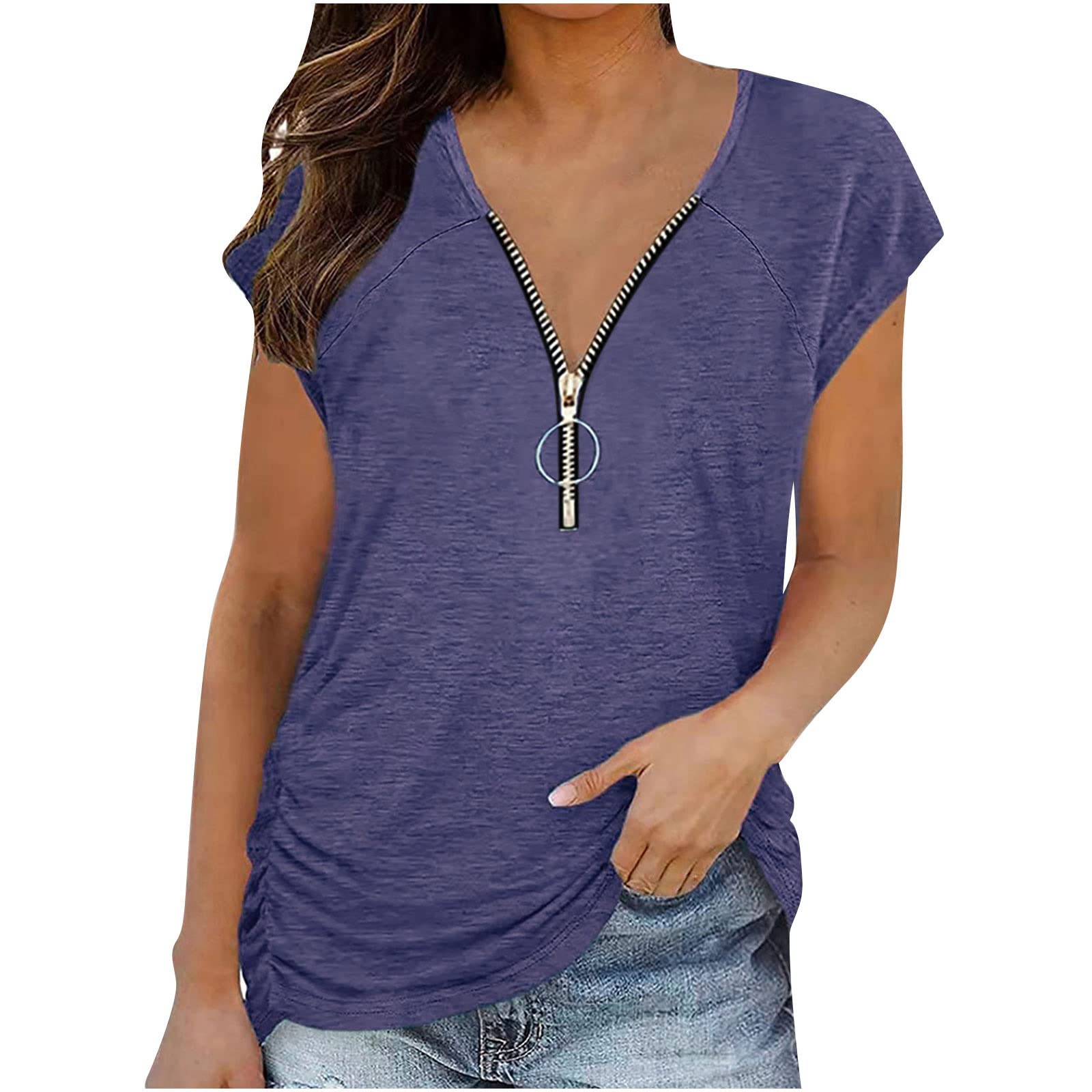 Trendy Women's Summer Short Sleeve Zip-Up V-Neck Loose Fit Casual T-Shirts - Perfect for Daily Wear, Beach Outings & Weekend Hangouts