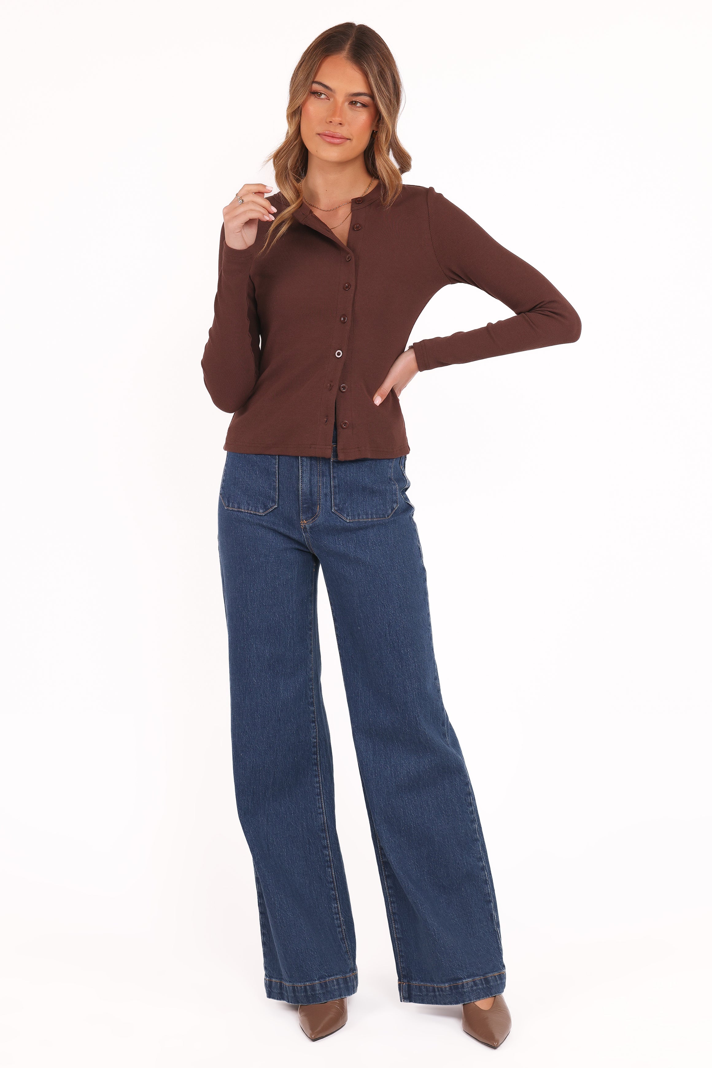 Women's Cass Long Sleeve Top in Chocolate Brown - Soft Casual Shirt for Everyday Wear, Office, and Fall Outfits