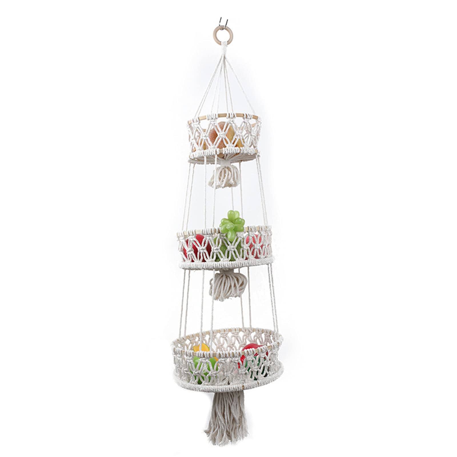 3-Tier Boho Woven Cotton Rope Hanging Basket - Wall Mounted Fruit & Vegetable Storage Organizer | Perfect for Kitchen, Pantry, or Farmhouse Decor | Multi-Purpose Hanging Planter for Fruits, Veggies & Home Organization