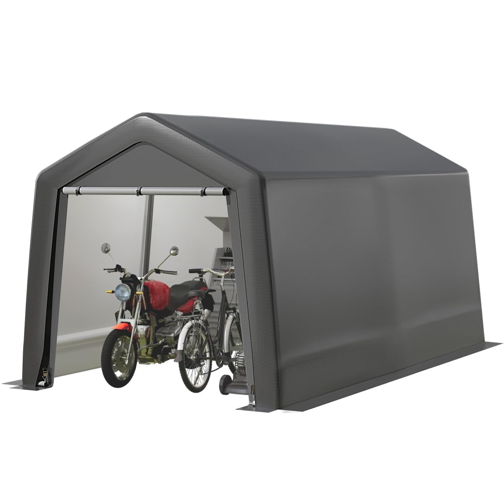 8x12FT Waterproof Outdoor Storage Shed - UV Resistant Portable Garage with Roll-up Zipper Doors for Motorcycle, Bike & Garden Tools (Grey) - Perfect for Backyard, Patio & RV Storage