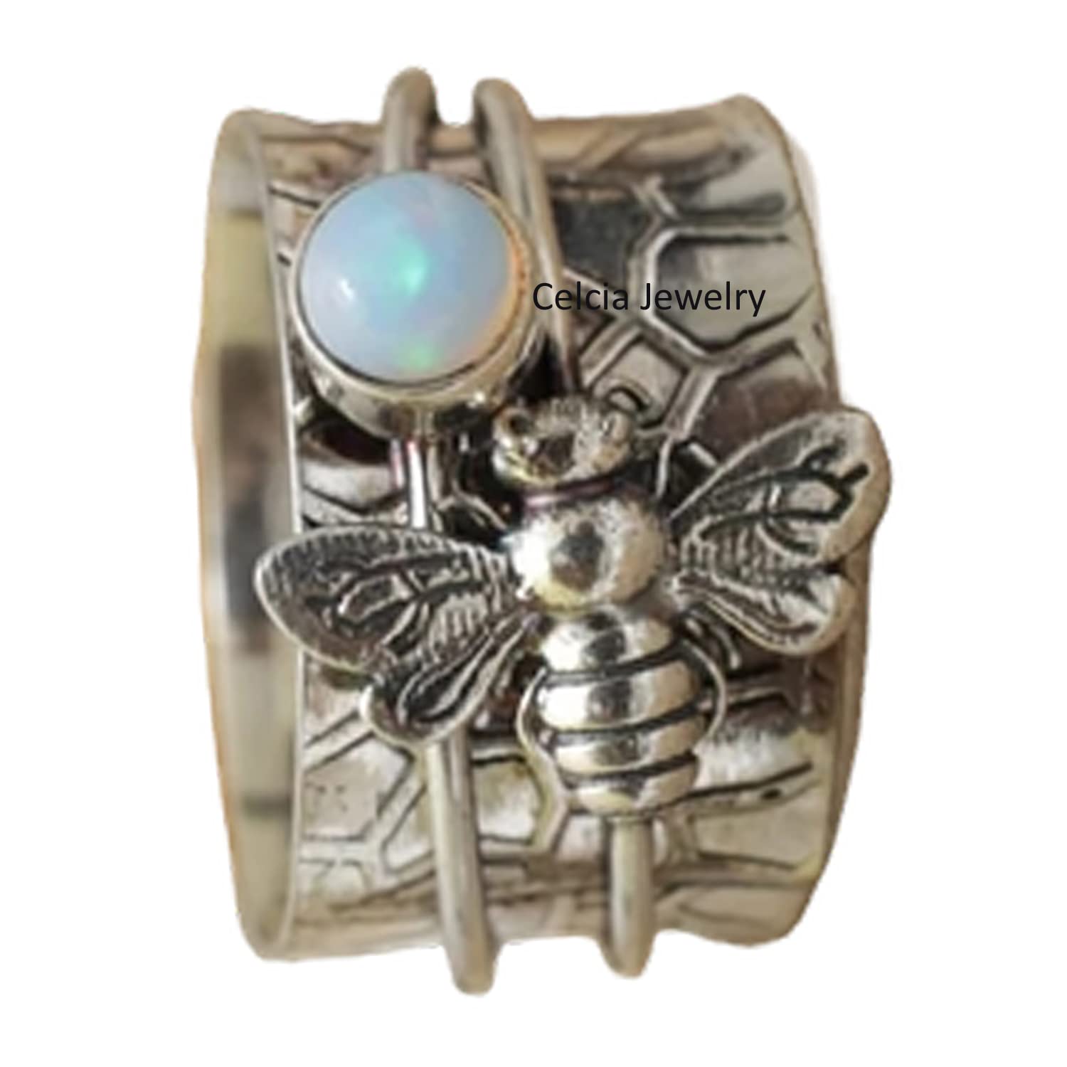 Opal Gemstone Spinner Bee Ring – Handcrafted Spinning Meditation & Anxiety Relief Fidget Ring – October Birthstone Jewelry Gift for Women (US Size 8.5) – Perfect for Stress Relief, Mindfulness Practice & Stylish Everyday Wear