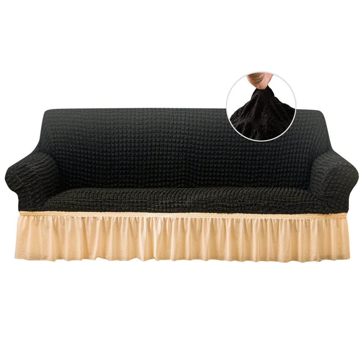 Qubjus Stretch Sofa Slipcover - Washable Elastic Furniture Protector for Couch, Sofa & Bed - Large Size (Black & Beige) - Perfect for Homes with Kids & Pets - Great for Living Room, Family Room & Pet-Friendly Spaces