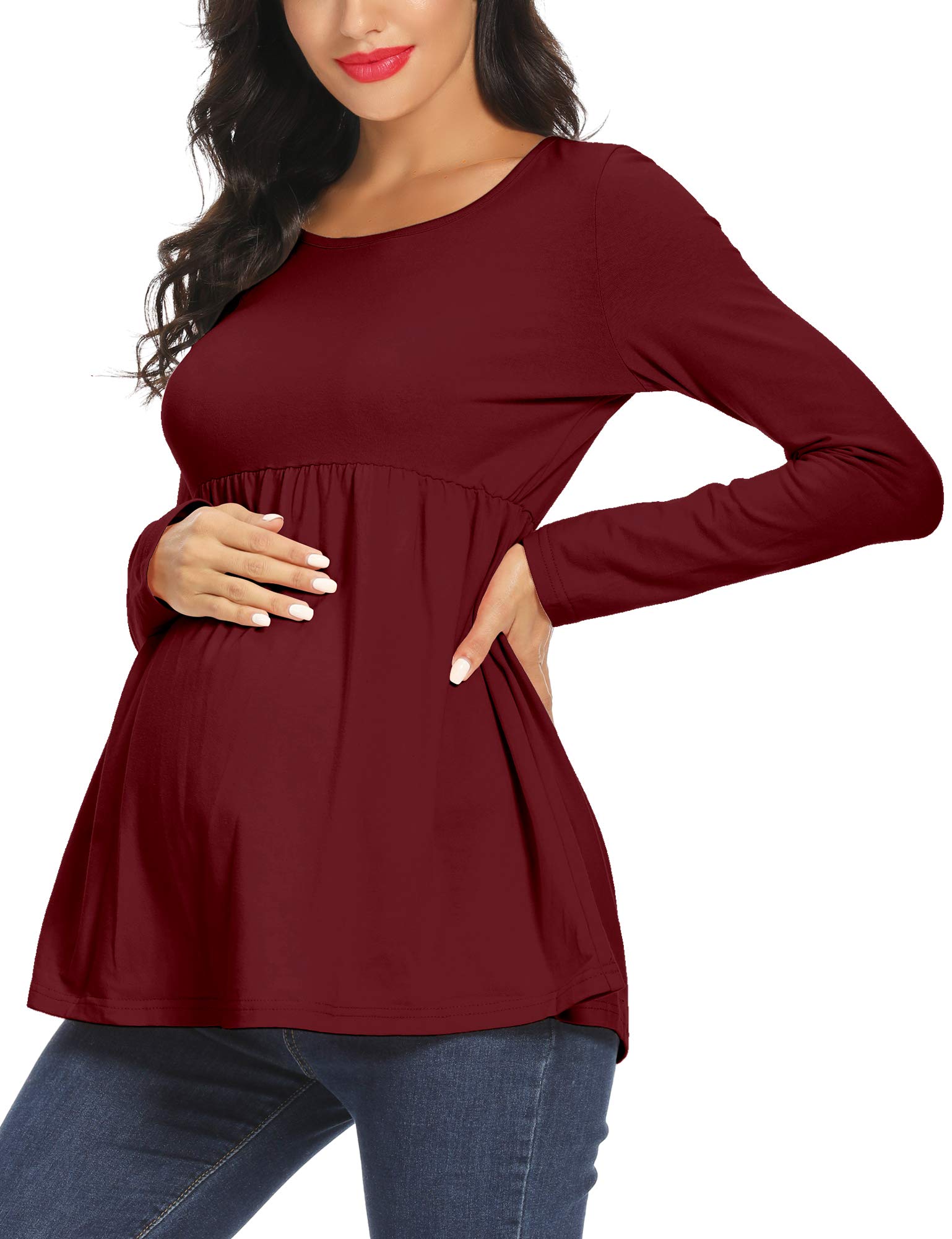 POSHGLAM Women's Maternity Tops - Soft Stretch Ruched Round Neck Shirts for Pregnancy | Comfortable Nursing Clothes for Expecting Mothers (Office, Casual & Daily Wear)
