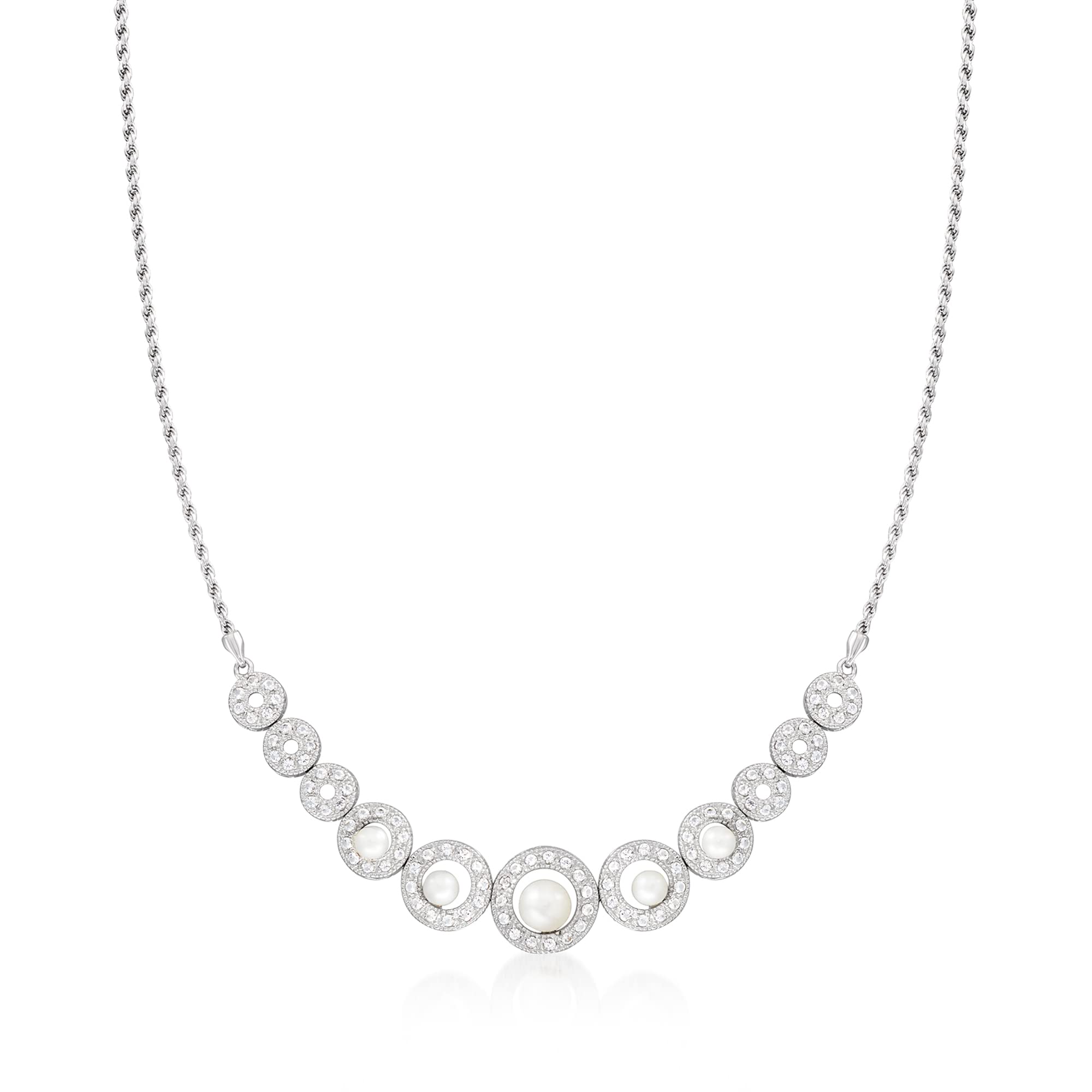 Ross-Simons 3.5-6.5mm Cultured Pearl & 1.50ct t.w. White Topaz Sterling Silver Necklace - 18 Inch Elegant Jewelry for Wedding, Anniversary & Special Occasions