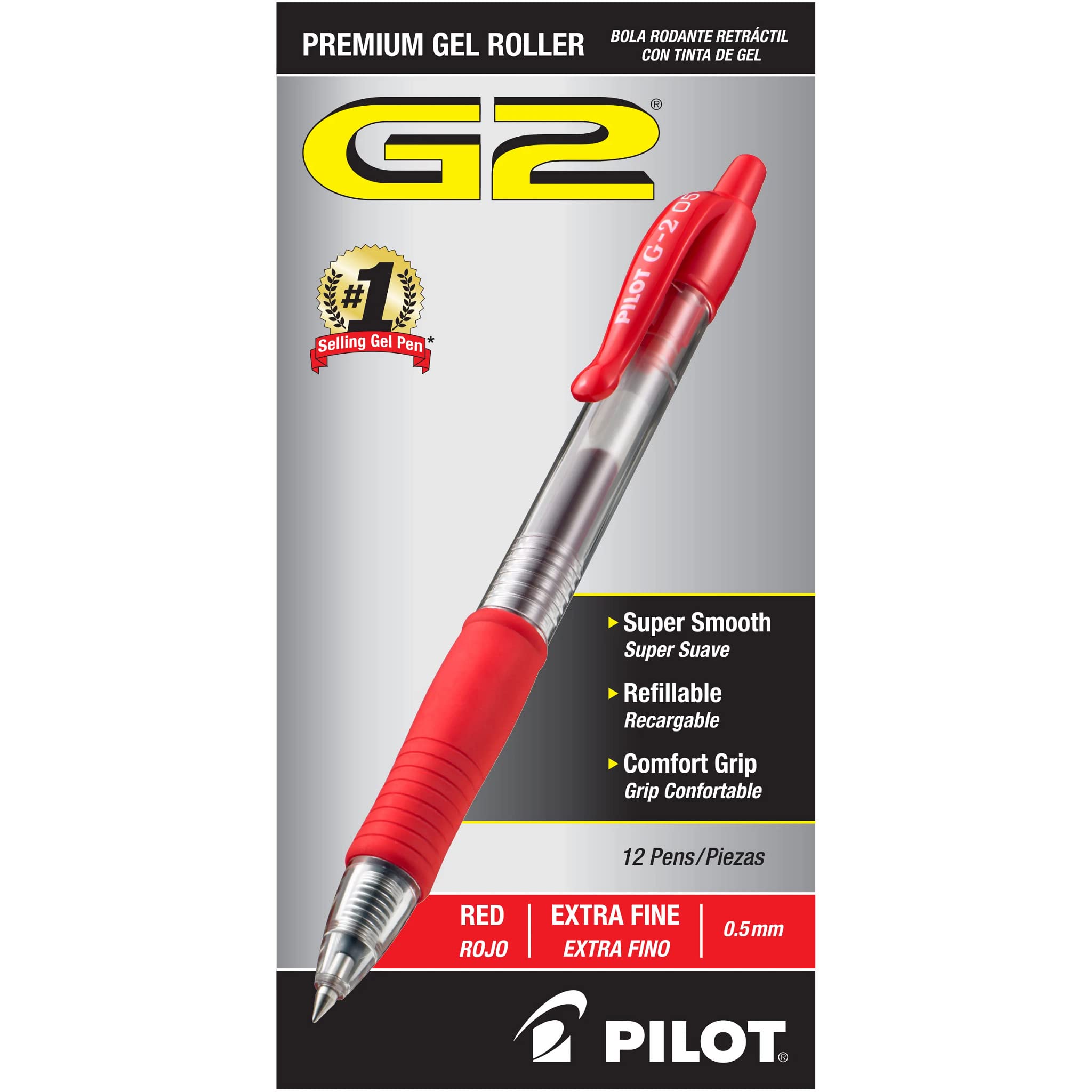 Pilot G2 Premium Gel Roller Pens - 12 Pack Extra Fine Point 0.5mm Red Ink - Smooth Writing for Office, School & Note Taking