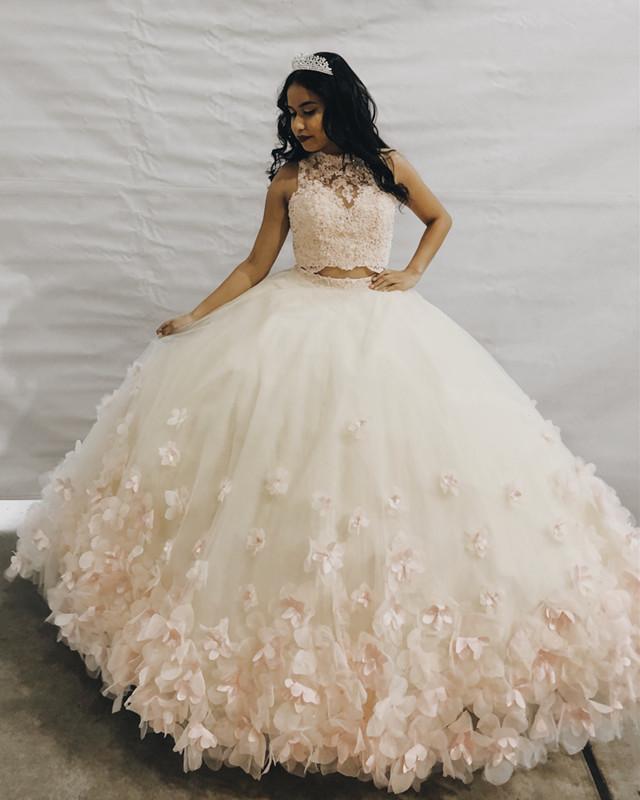 Elegant Blush Pink Lace Crop Top & Tulle Skirt Two-Piece Quinceanera Dress Set for Sweet 16, Prom, Pageant & Special Occasions
