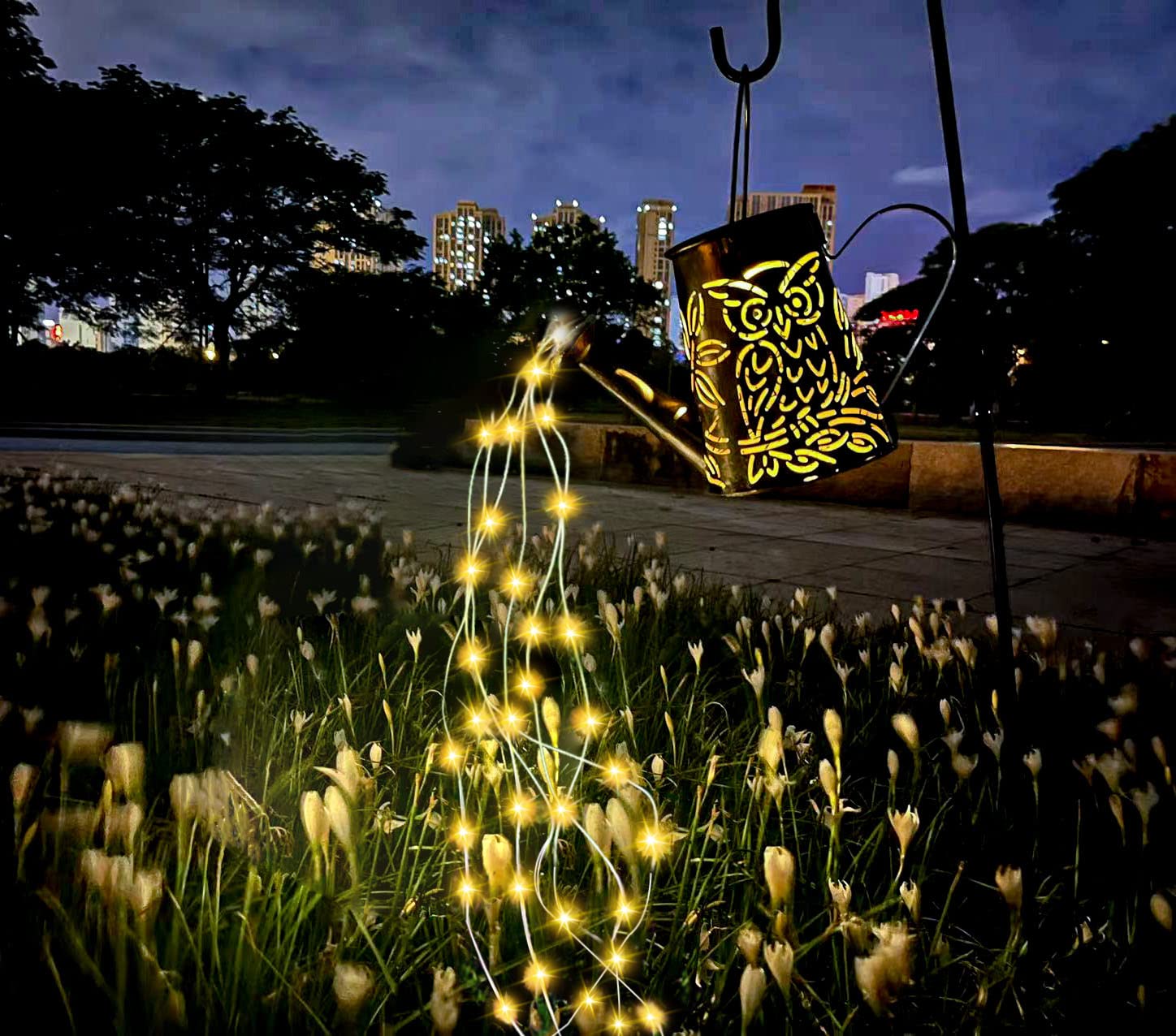 Solar Owl Watering Can with Cascading LED Lights - 96 LED Waterfall Garden Decor, Waterproof Outdoor Hanging Lantern for Patio, Lawn, Pathway - Perfect for Garden Parties, Wedding Decor & Nighttime Landscape Lighting