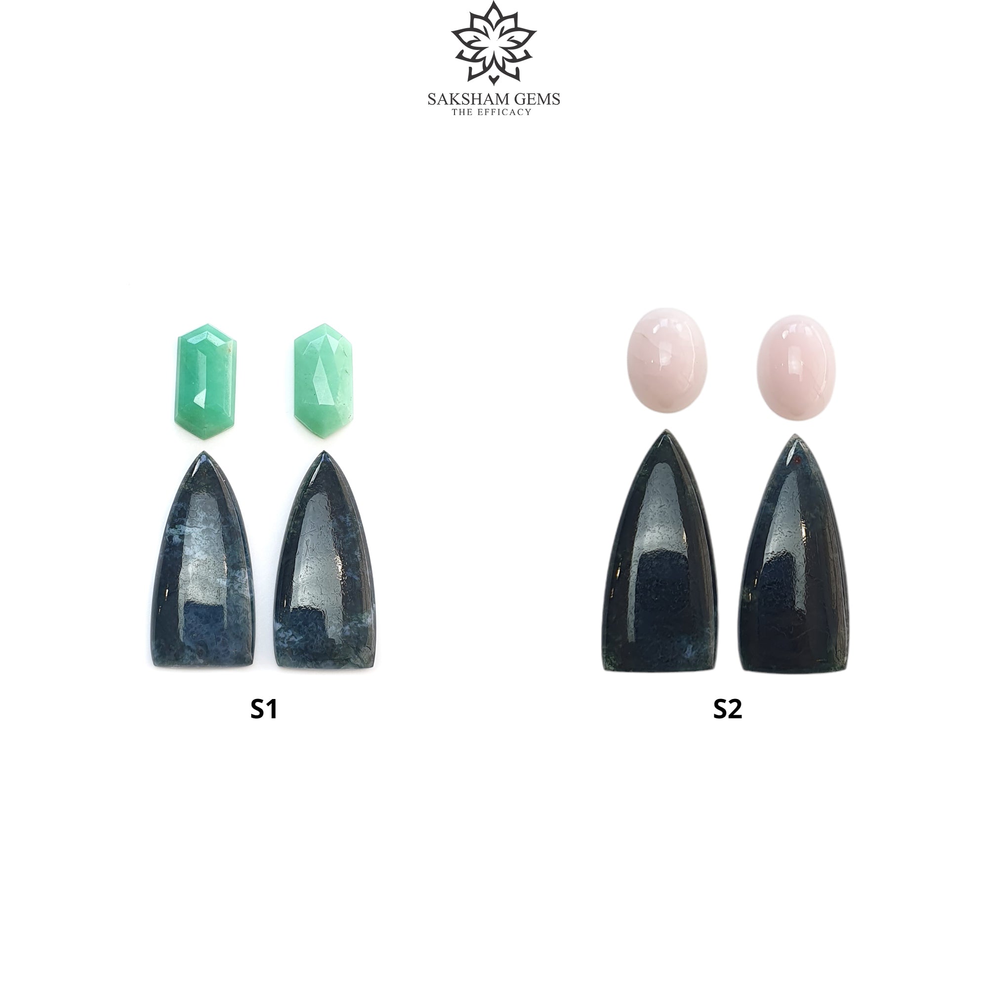 Natural Moss Agate Chrysoprase & Opal Gemstone Step Cut Cabochon - Untreated Bi-Color Triangle Olav Shape 4pc Set for Jewelry Making, Wire Wrapping & Healing Crystals