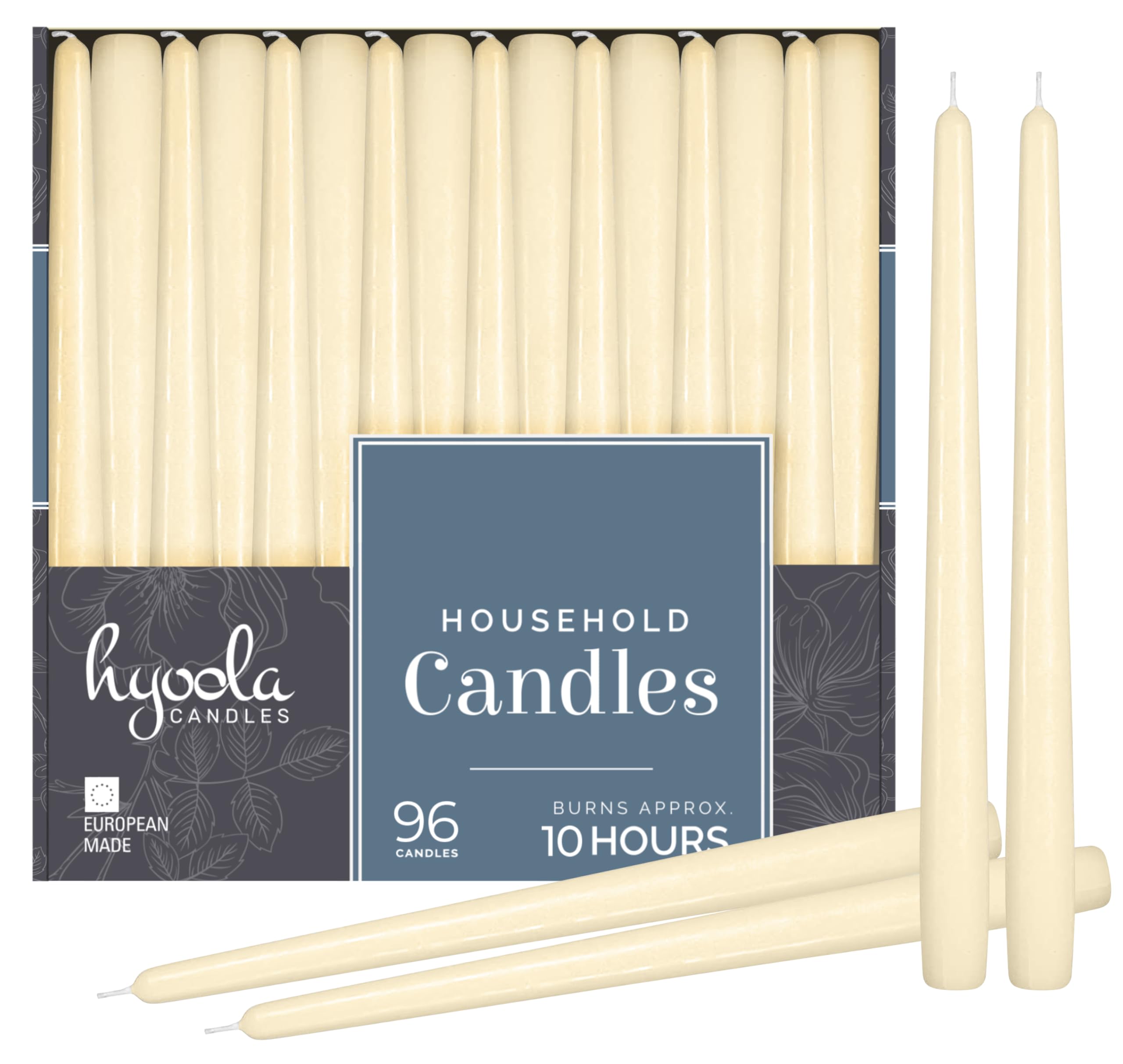 Hyoola 12 Inch Wool White Unscented Dripless Taper Candles Bulk (96 Pack) - 10 Hour Burn Time - Perfect for Weddings, Church, Candlelight Dinners & Home Decor