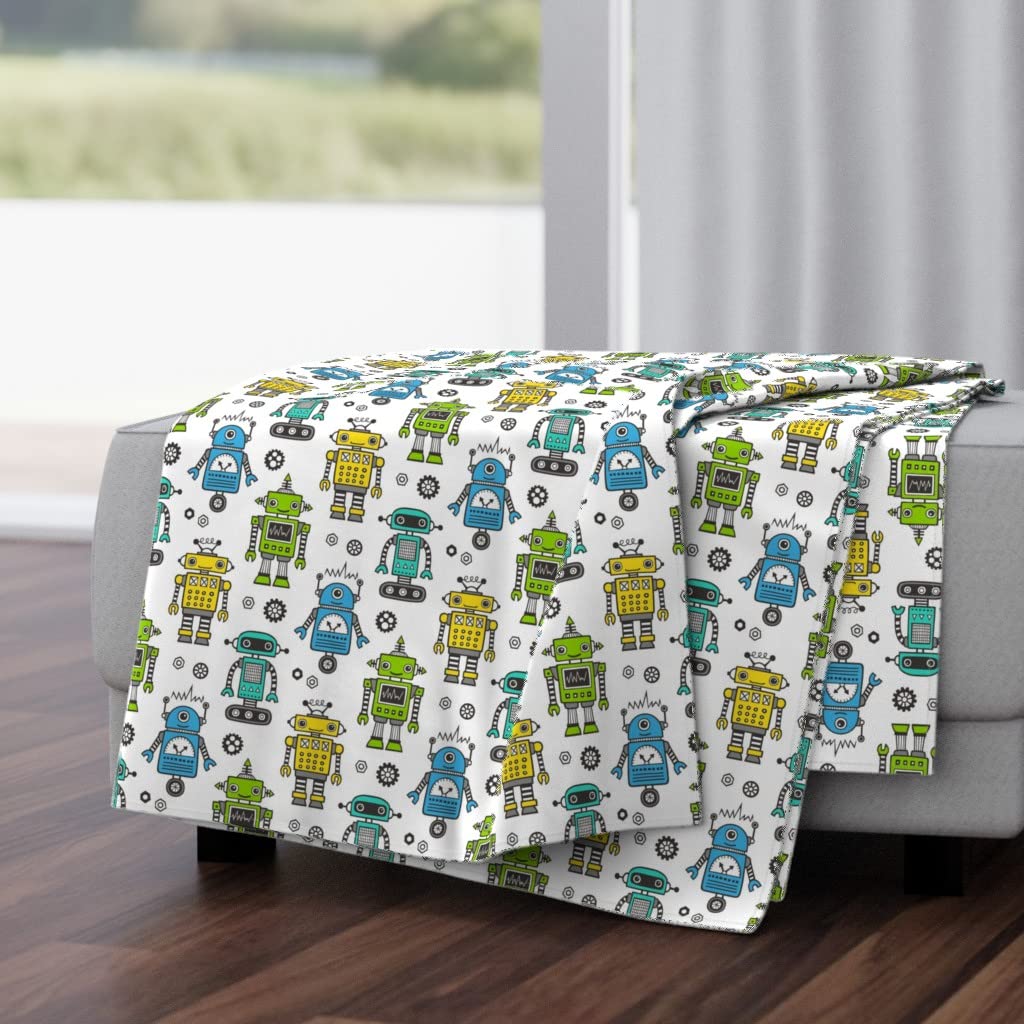 Retro Robots Geometric Plush Minky Throw Blanket 50