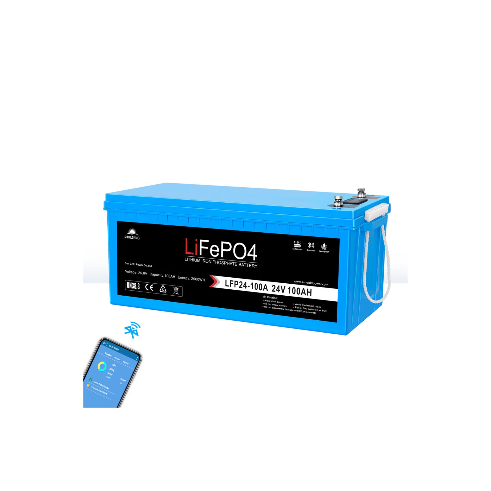 SunGoldPower 24V 100AH LiFePO4 Deep Cycle Lithium Battery with Bluetooth, Self-Heating & IP65 - Perfect for Solar Energy Storage, Marine, RV, and Off-Grid Power Systems - SGP24V100S