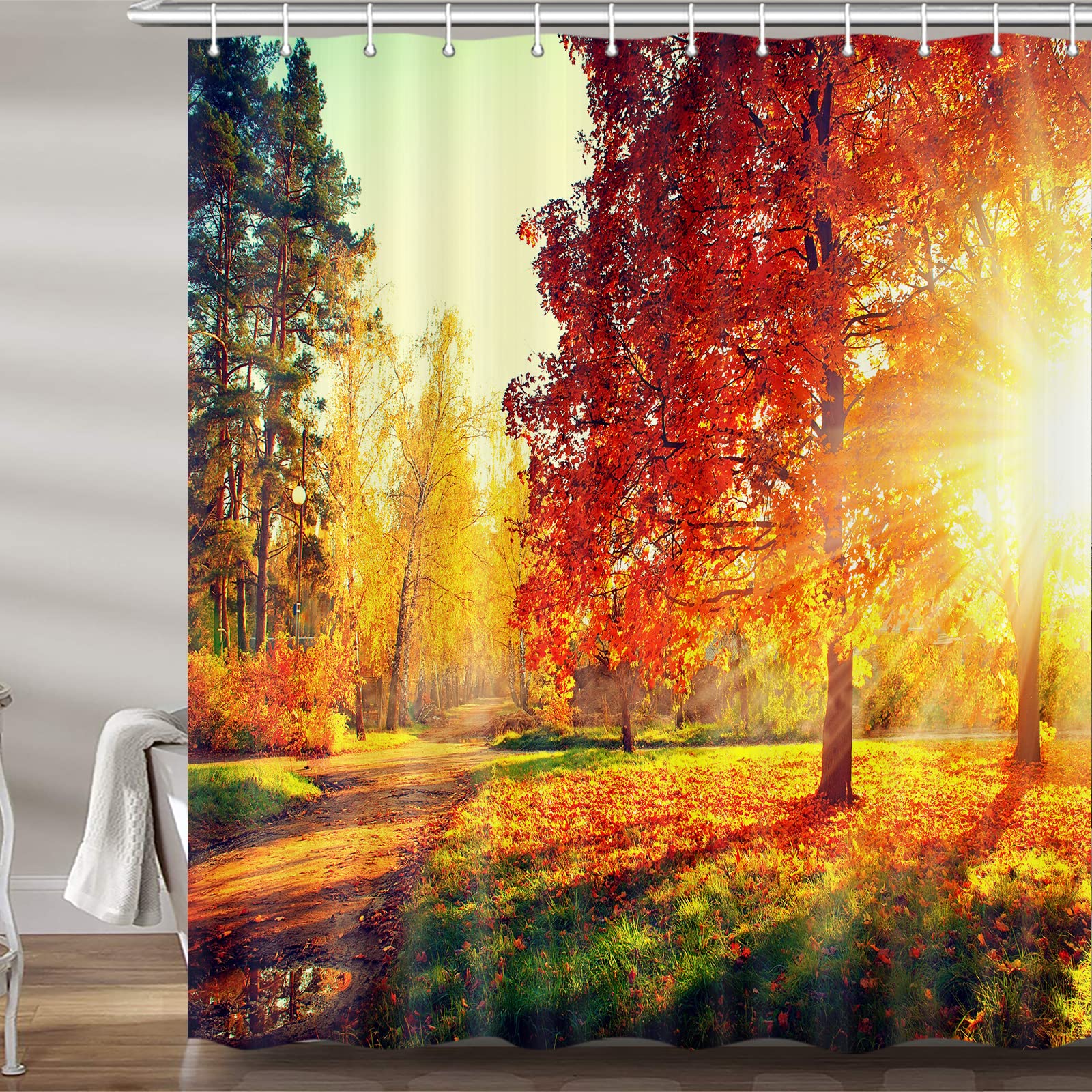 JAWO Waterproof Fall Shower Curtain - Golden Autumn Forest Leaves Design, 72x72 Inches Bathroom Decor with 12 Hooks | Farmhouse Style Polyester Fabric for Cozy Autumn Bathroom Atmosphere