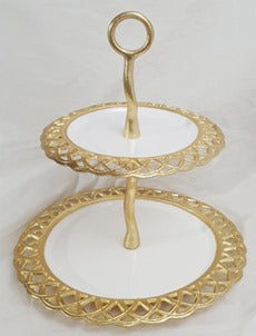 2-Tier Round Cake Stand 13x13x2 Inches - Gold & White Decorative Serving Tray for Desserts, Cupcakes & Party Display - Perfect for Weddings, Birthdays & Tea Parties