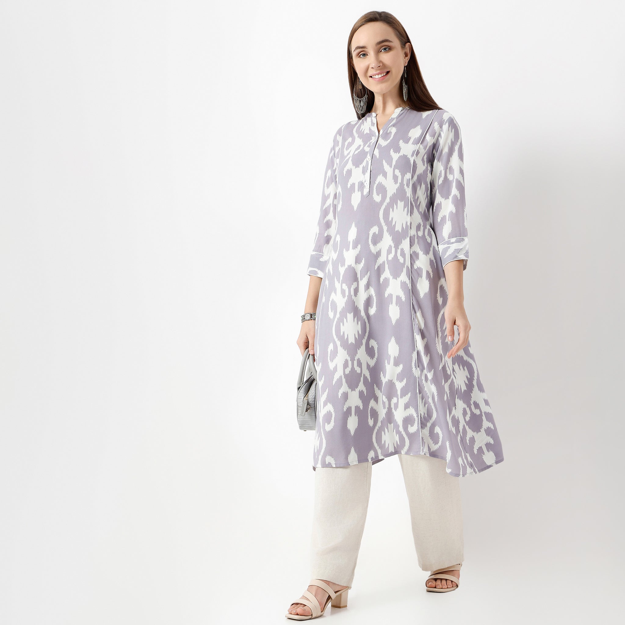 Stylish Band Collar Printed Kurta for Women - Below Knee Length, 3/4 Sleeve, Half Placket & Flare Fit | Perfect for Festivals, Weddings & Casual Wear