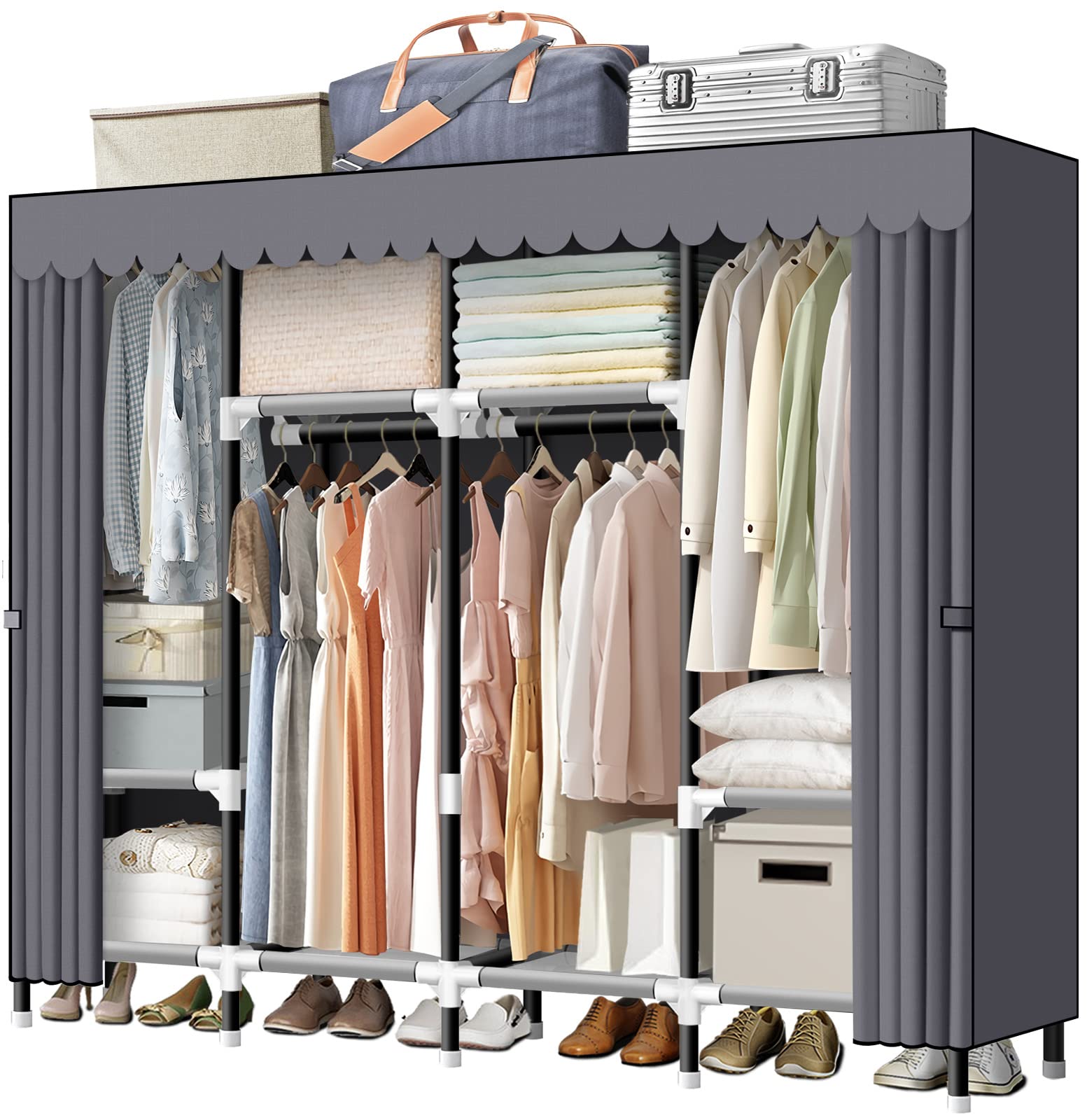 LOKEME Portable Closet Wardrobe - 4 Hanging Rods Clothes Storage Organizer with 25mm Steel Tube for Extra Sturdiness | Easy Assembly Gray Cover (67x17.7x69 inches) | Perfect for Bedroom, Closet Organization, Dorm Room & Small Space Storage