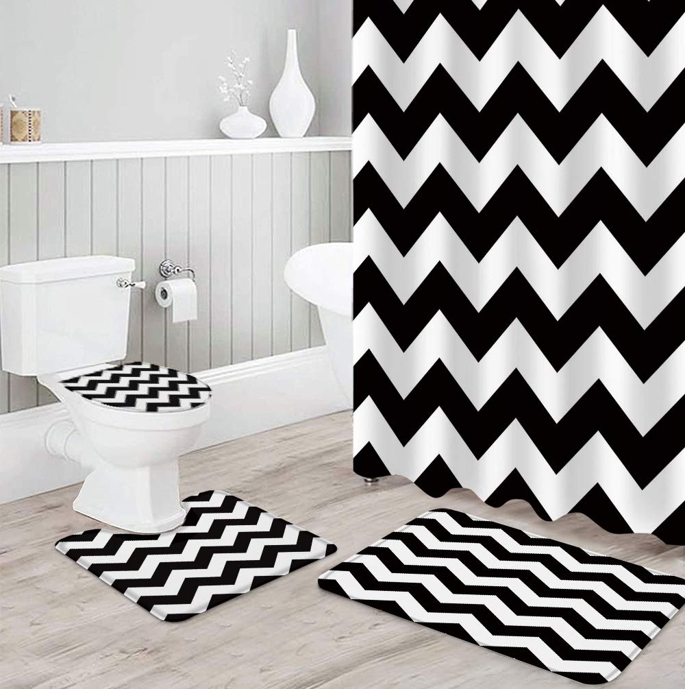 4-Piece Black and White Wave Stripe Shower Curtain Set - Waterproof Bath Curtain with Non-Slip Rug, Toilet Lid Cover, Bath Mat & 12 Hooks | Modern Bathroom Decor for Home, Apartment, Dorm, Hotel (Durable & Easy to Clean)
