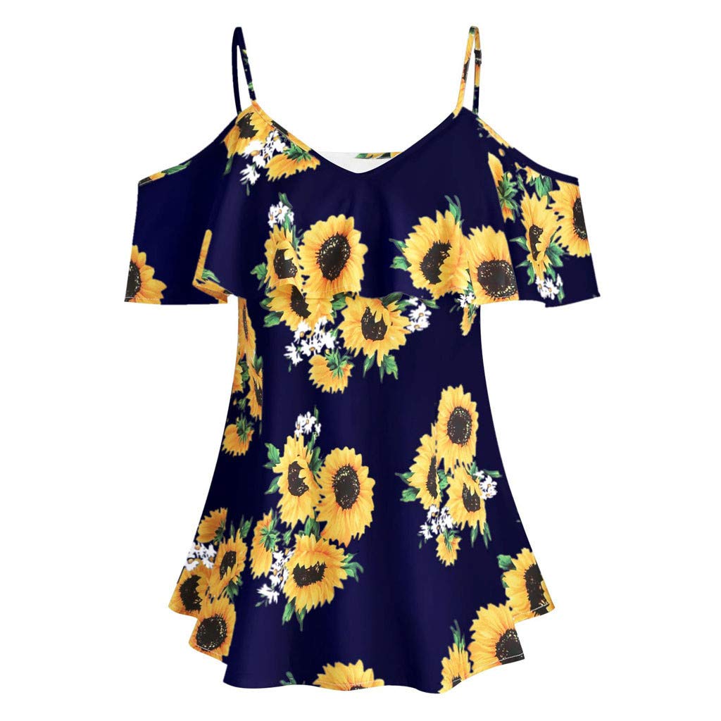 Plus Size Women's Sunflower Printed Camisole Short Sleeve Ruffled Cold Shoulder Blouse Corset Top - Casual Summer Outfit for Beach, Party & Date Night