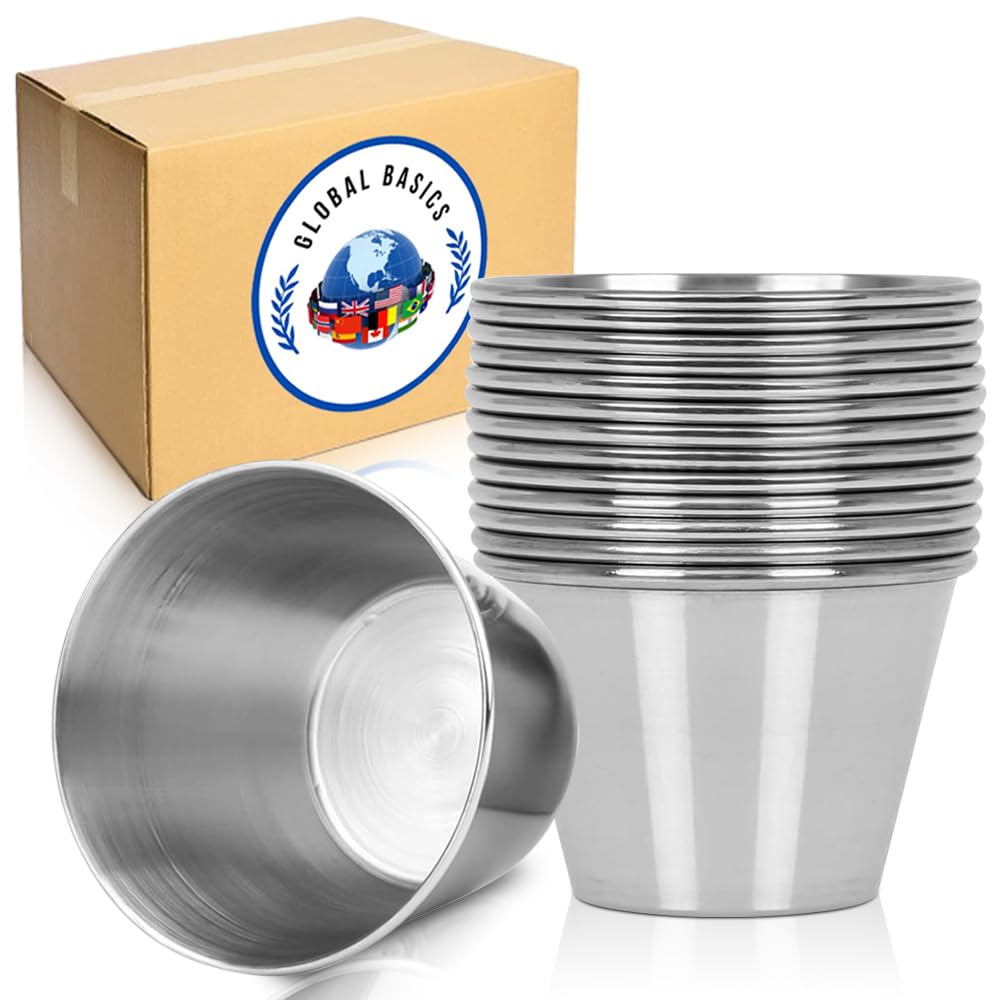 GLOBAL BASICS 12-Pack Stainless Steel Condiment Cups - 1.5 oz Round Sauce Bowls for Ketchup, Mustard & Dip - Dishwasher Safe & Rustproof - Perfect for Restaurants, BBQs, Parties & Home Use