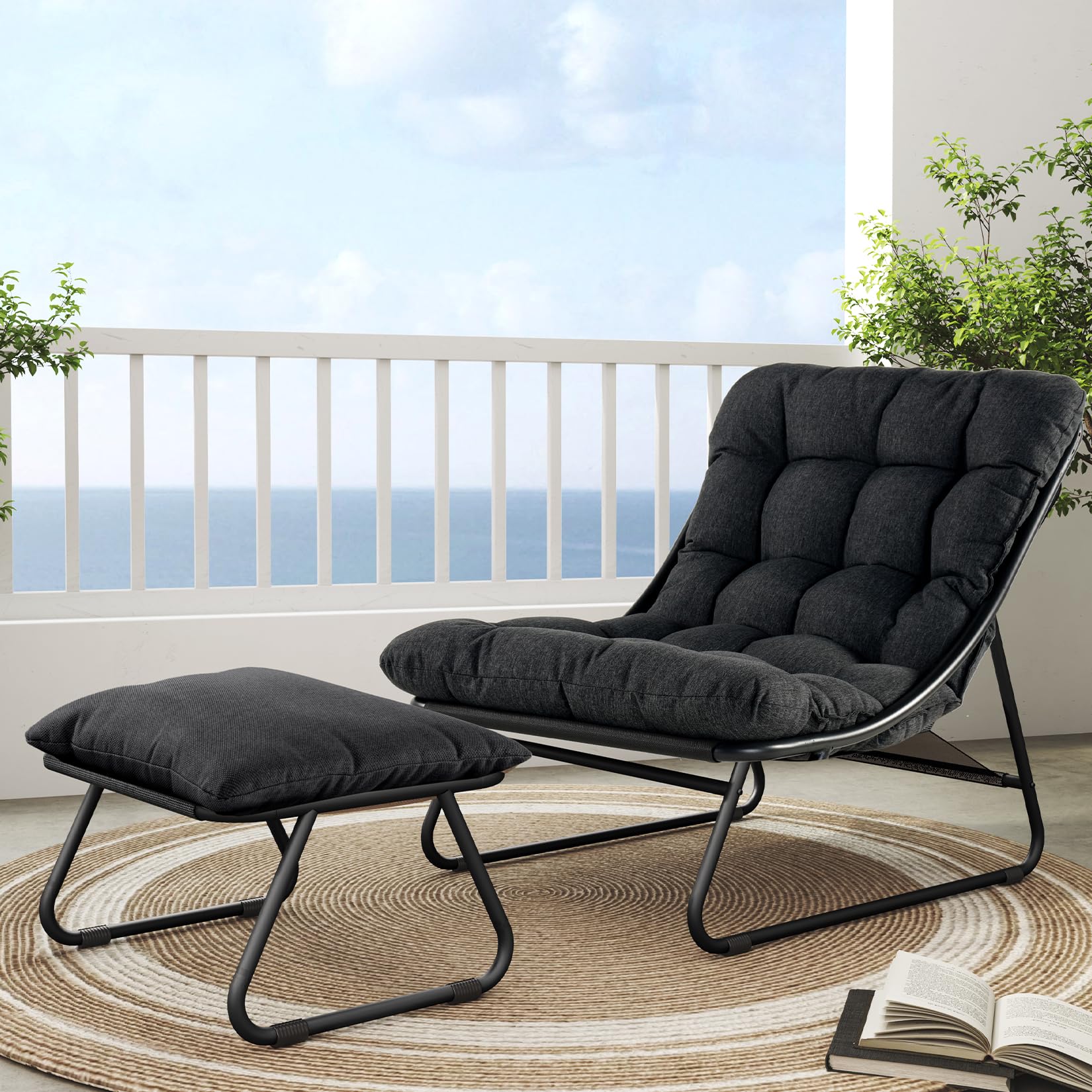 Premium Outdoor Lounge Chair with Ottoman - Comfortable Sling Recliner with Plush Cushion & Footstool, Modern Patio Furniture Set for Porch, Deck, Garden or Backyard Relaxation - Dark Gray