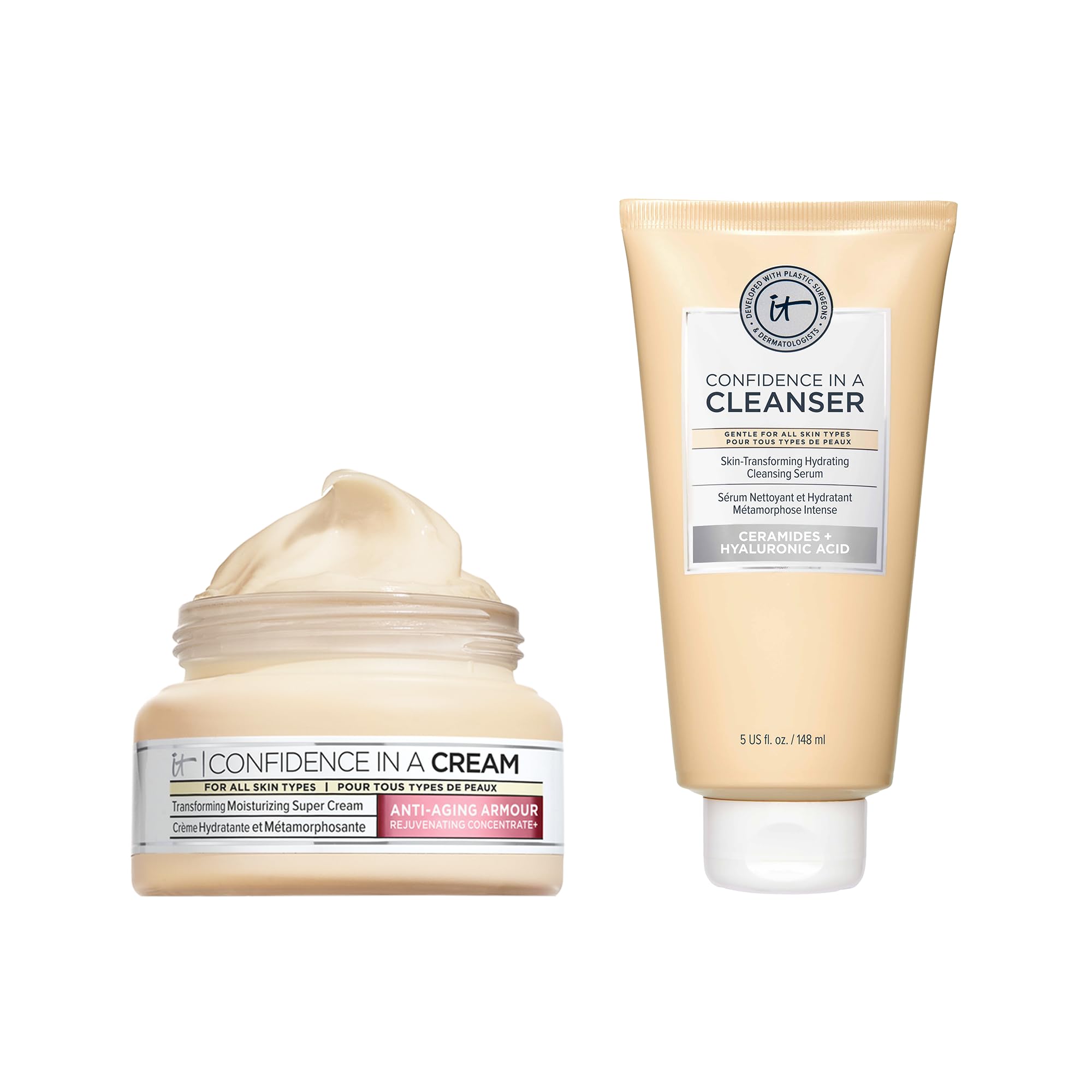 IT Cosmetics Daily Confidence Skincare Bundle – Hydrating Facial Cleanser & Anti-Aging Moisturizer – Includes Confidence in a Cream 2 Oz + Confidence in a Cleanser 5 Oz – Gift Set for All Skin Types – Perfect for Daily Skincare Routine & Anti-Aging Care