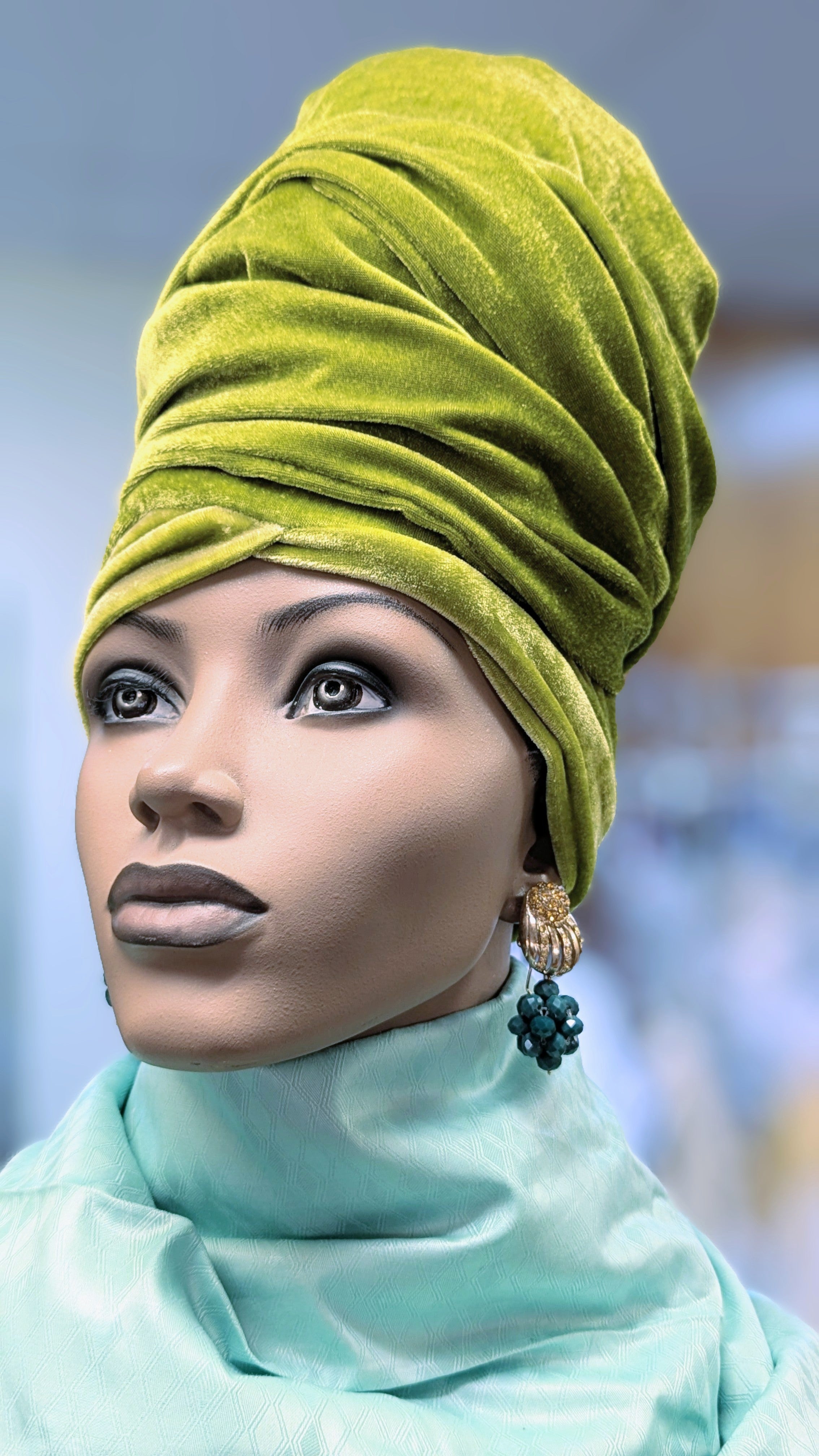 Dupsie's Radiant Chinara Olive Green Velour Sock Hat & Head Wrap - Winter Beanie for Women, Soft Velour Headband, Cozy Head Cover for Cold Weather, Fashionable Hair Accessory for Outdoor Activities