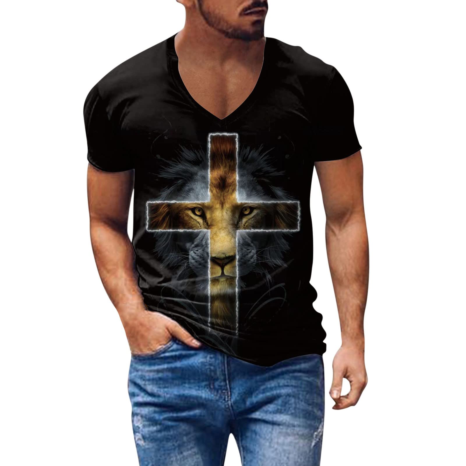XXBR Men's Soldier Short Sleeve V-Neck T-Shirt - Jesus Cross Print Athletic Muscle Tee for Summer | Streetwear, Casual Wear & Christian Faith Apparel