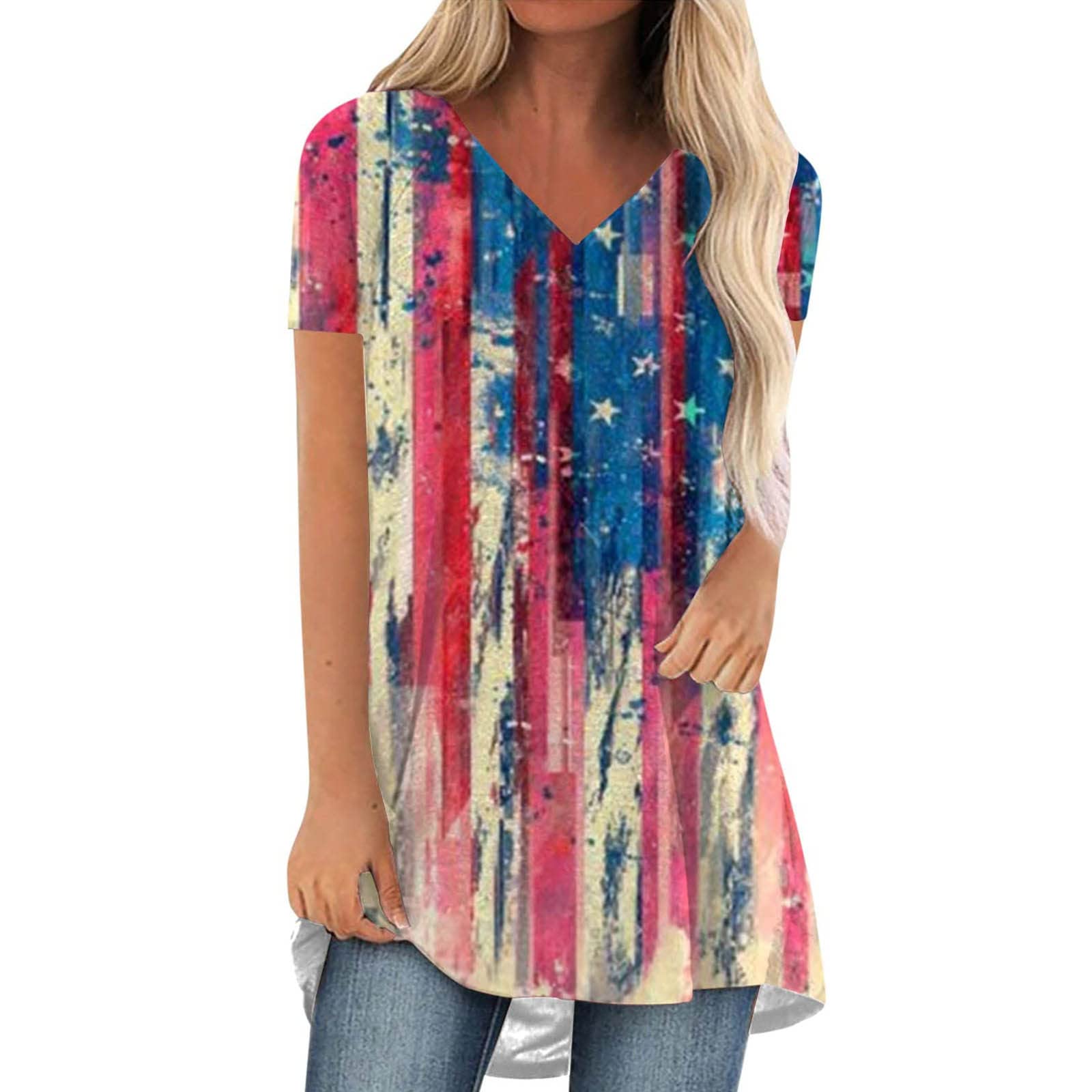 Littleice Women's Casual V-Neck Short Sleeve Printed Sweatshirt Tops - Summer T-Shirts & Blouses for Everyday Wear, Outings, and Office Casual