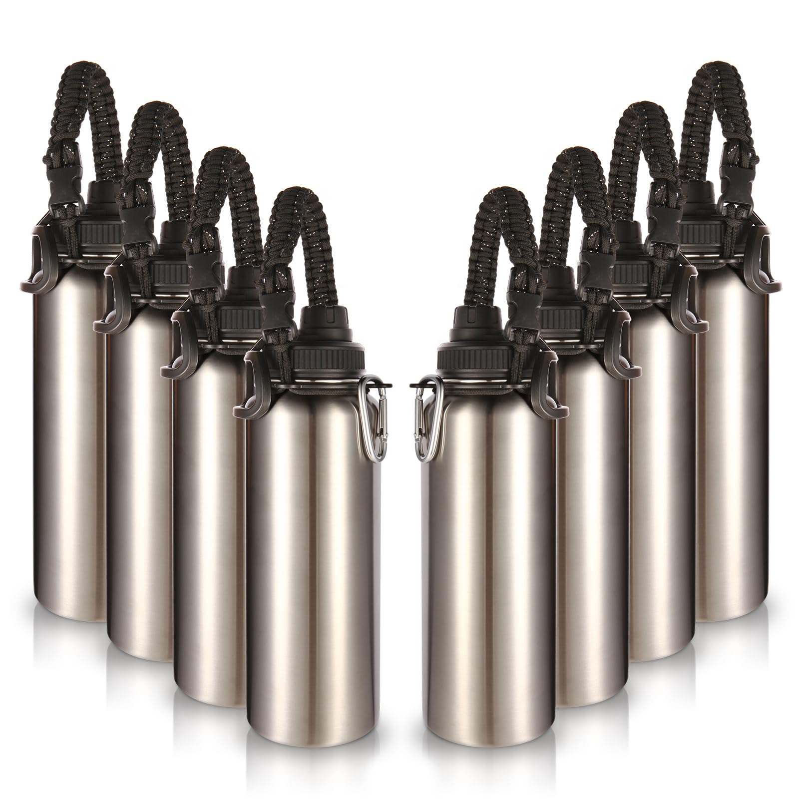 Volhoply 8 Pack Insulated Stainless Steel Water Bottles - 40 oz Wide Mouth Sports Bottle with Paracord Handle & Spout Lid, Vacuum Metal Travel Mug for Gym, Hiking, Camping (Silver, Bulk Set) - Perfect for Outdoor Adventures, Workouts & Daily Hydration