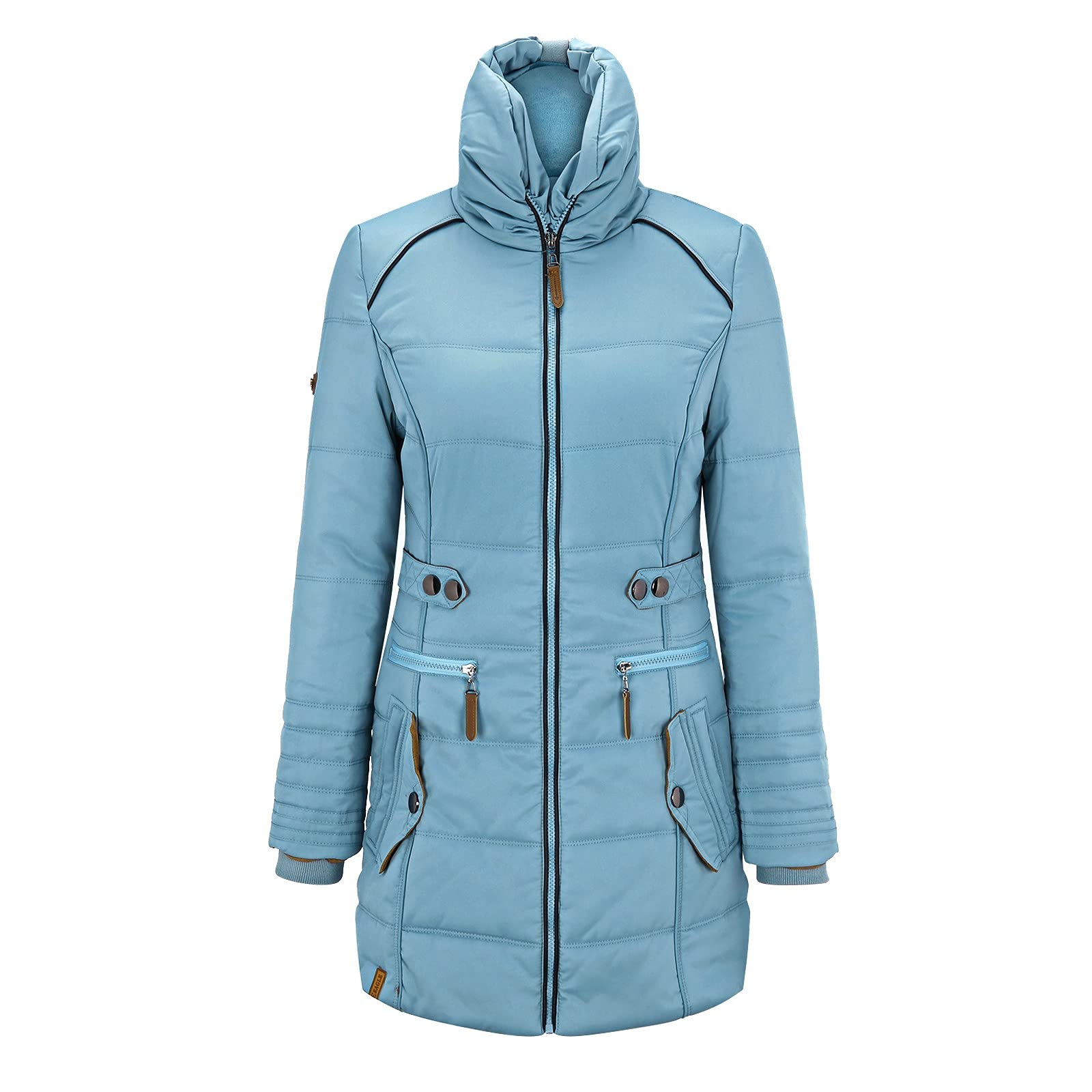 Women's Warm Turtleneck Zip-Up Jacket - Solid Color Slim Fit Cotton Coat with Pockets for Skiing, Winter Outfits & Casual Wear