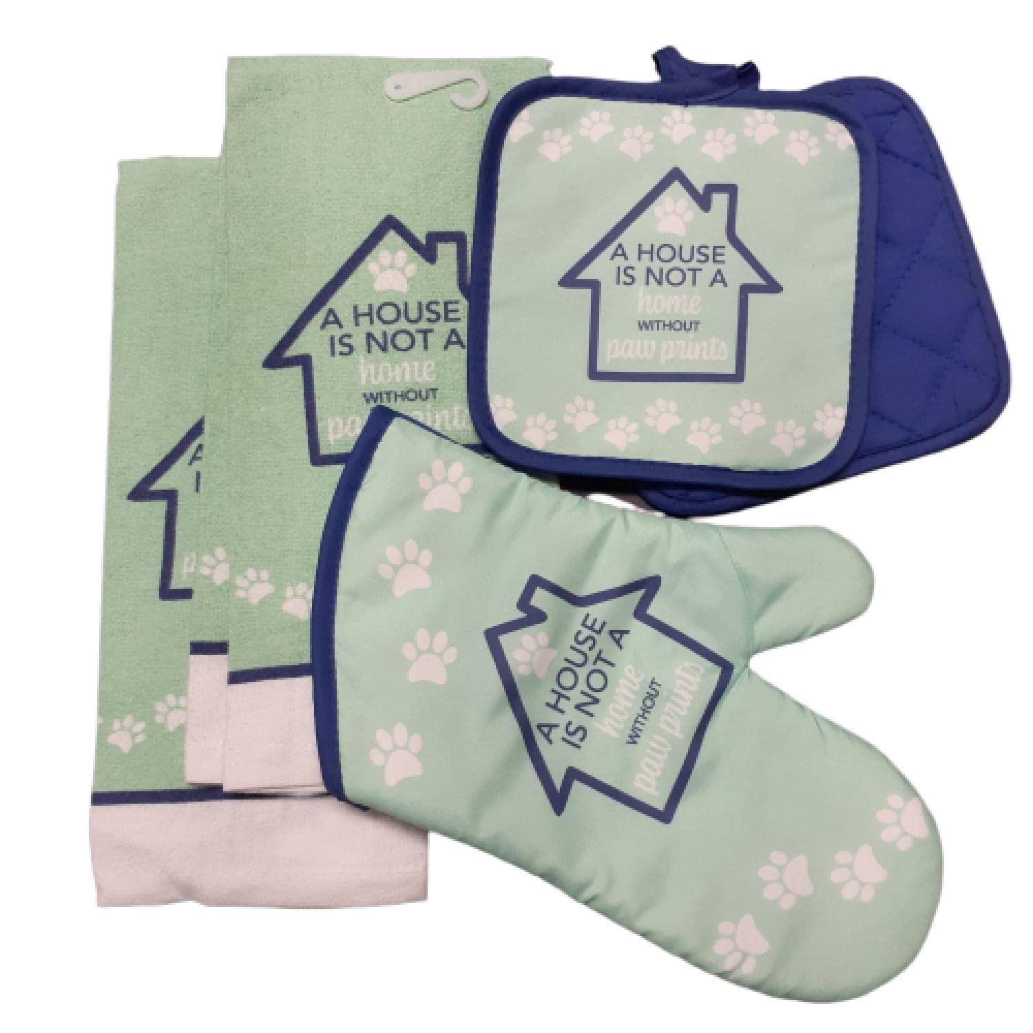 Paw Prints Kitchen Linen Set - 1 Oven Mitt, 2 Pot Holders & 2 Dish Towels - Cute Dog-Themed Home Decor for Baking & Cooking - Perfect Housewarming Gift for Pet Lovers
