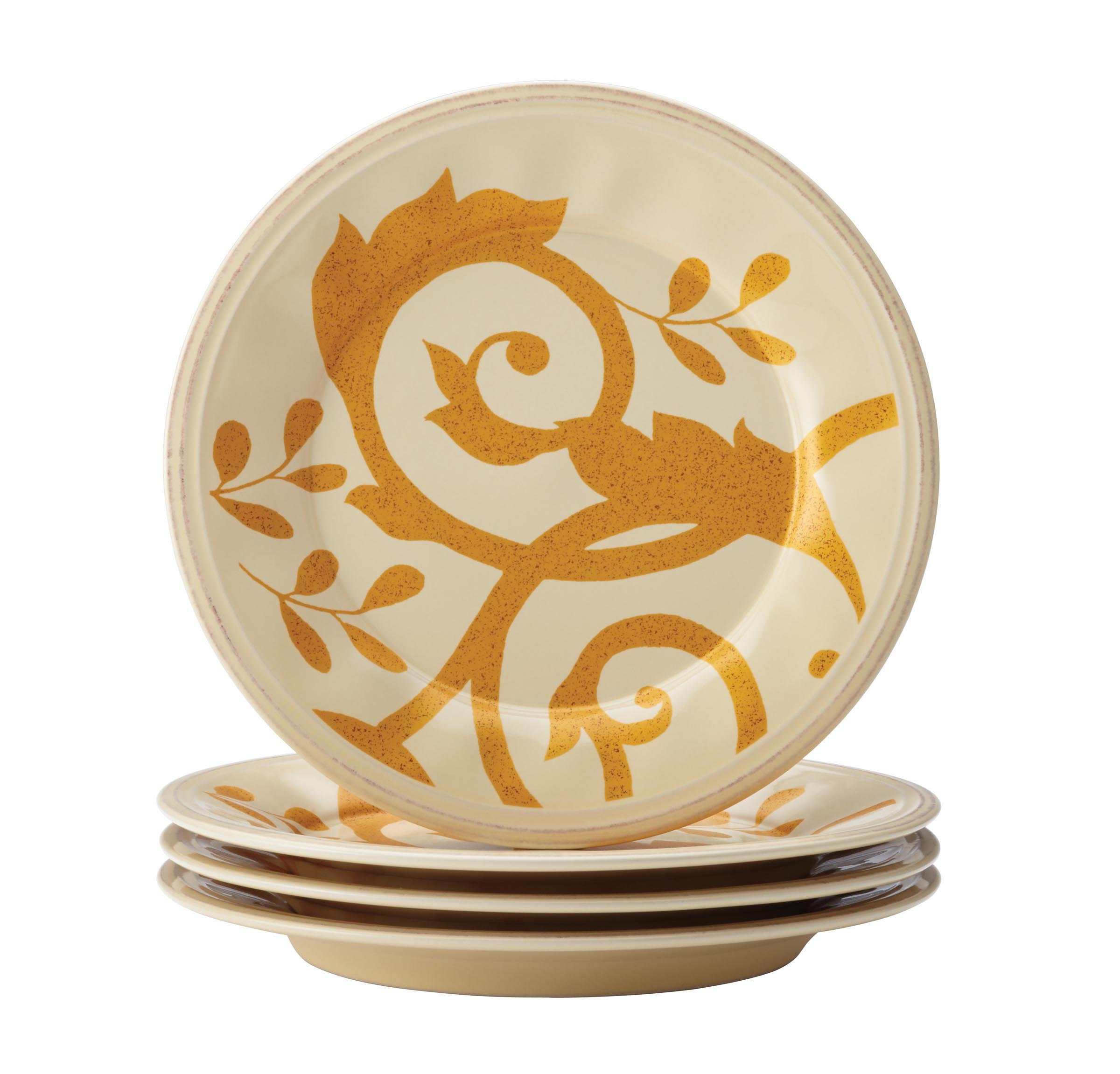 Rachael Ray 4-Piece Salad Plate Set - Elegant Gold Scroll Design on Almond Cream Porcelain, Perfect for Dinner Parties, Salads & Home Decor