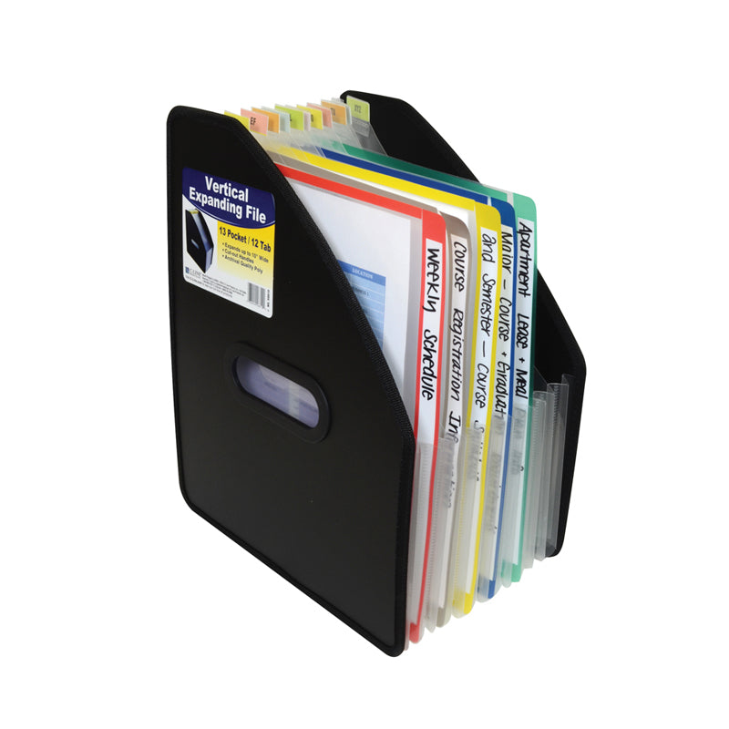 Poly Vertical Expanding File Folder - 13 Pockets, 10 Expansion Capacity, Letter Size, Black - Perfect for Office Organization, Document Storage & School Supplies