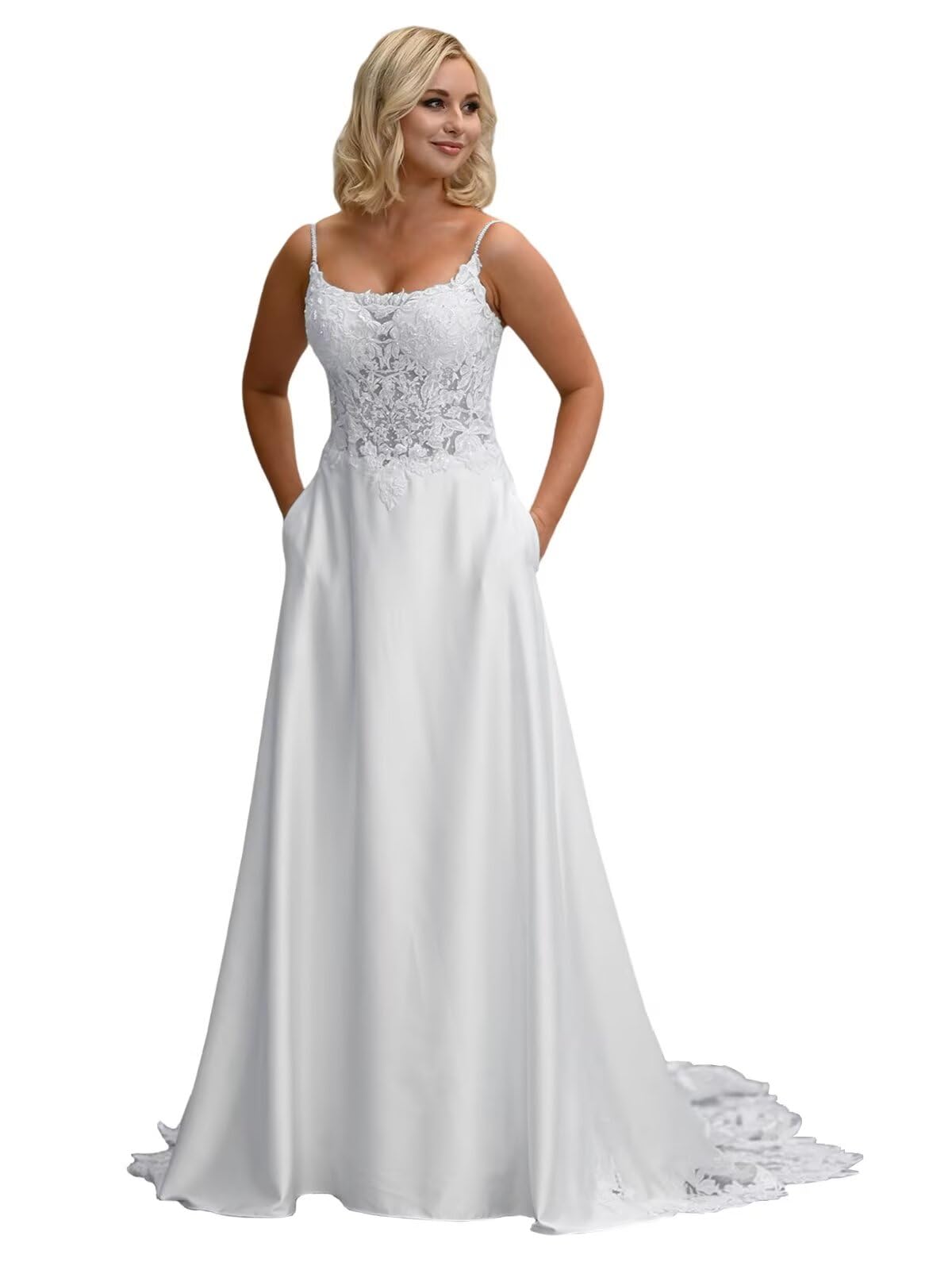 Elegant Spaghetti Straps Wedding Dress with Long Lace Train & Pockets - Beaded Beach Summer Bridal Gown for Outdoor Ceremonies & Destination Weddings