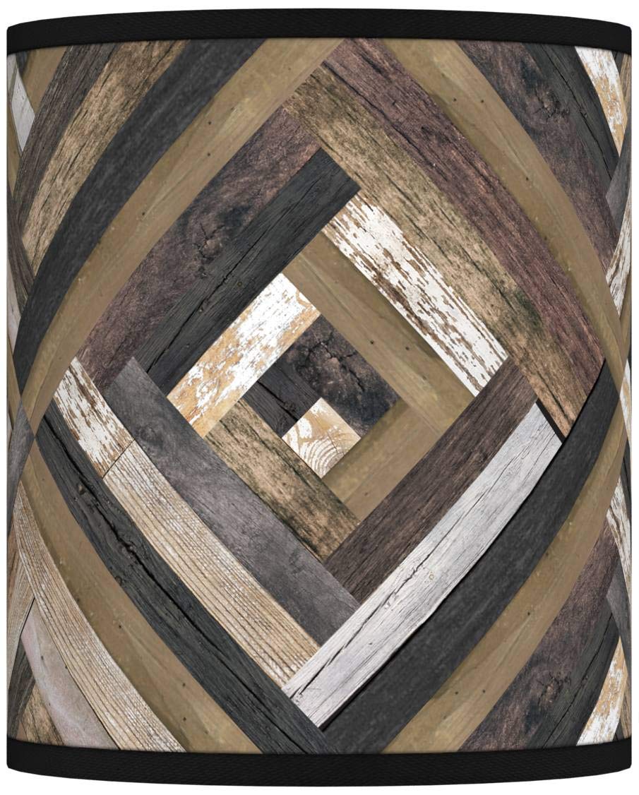 10x10x12 Inch Brown Gray Diamond Giclee Drum Lamp Shade with Woodwork Design - Spider Fit Replacement Harp & Finial - Perfect for Living Room, Bedroom, and Office Lighting Decor