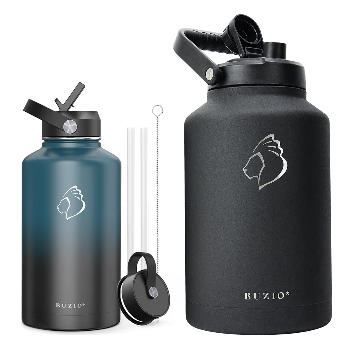 BUZIO 64oz Vacuum Insulated Stainless Steel Water Bottle with 1.5 Gallon Jug - BPA Free Double Wall Thermal Flask for Hot & Cold Drinks - Includes Carrying Pouch - Perfect for Hiking, Gym, Office & Outdoor Activities
