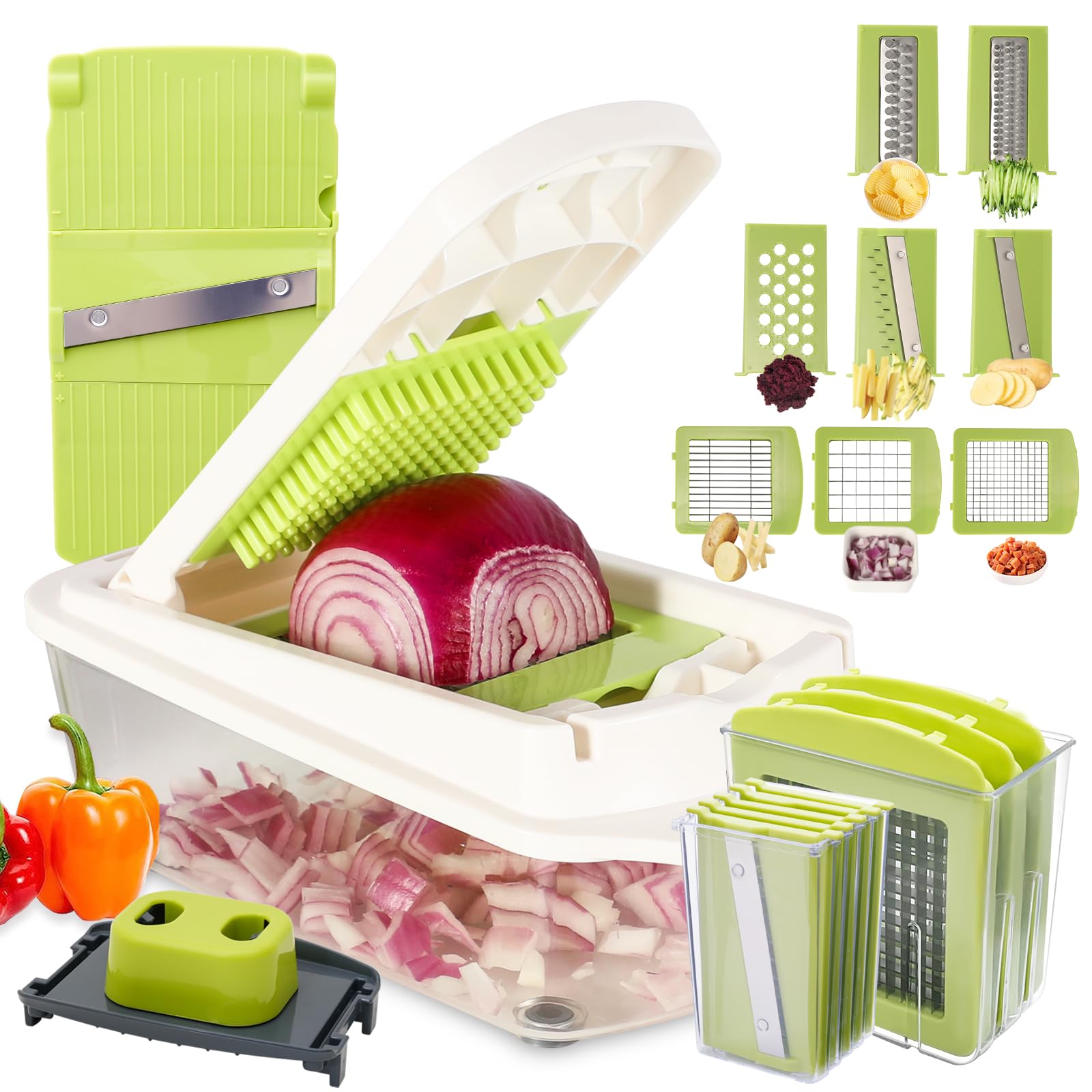 Zhang Xiao Quan Since 1628 8-in-1 Vegetable Chopper with Container - Onion Chopper, Mandoline Slicer, Salad Cutter, French Fry Maker, Professional Food Processor - Perfect for Meal Prep, Salad Making & Quick Cooking - Includes Cleaning Tools