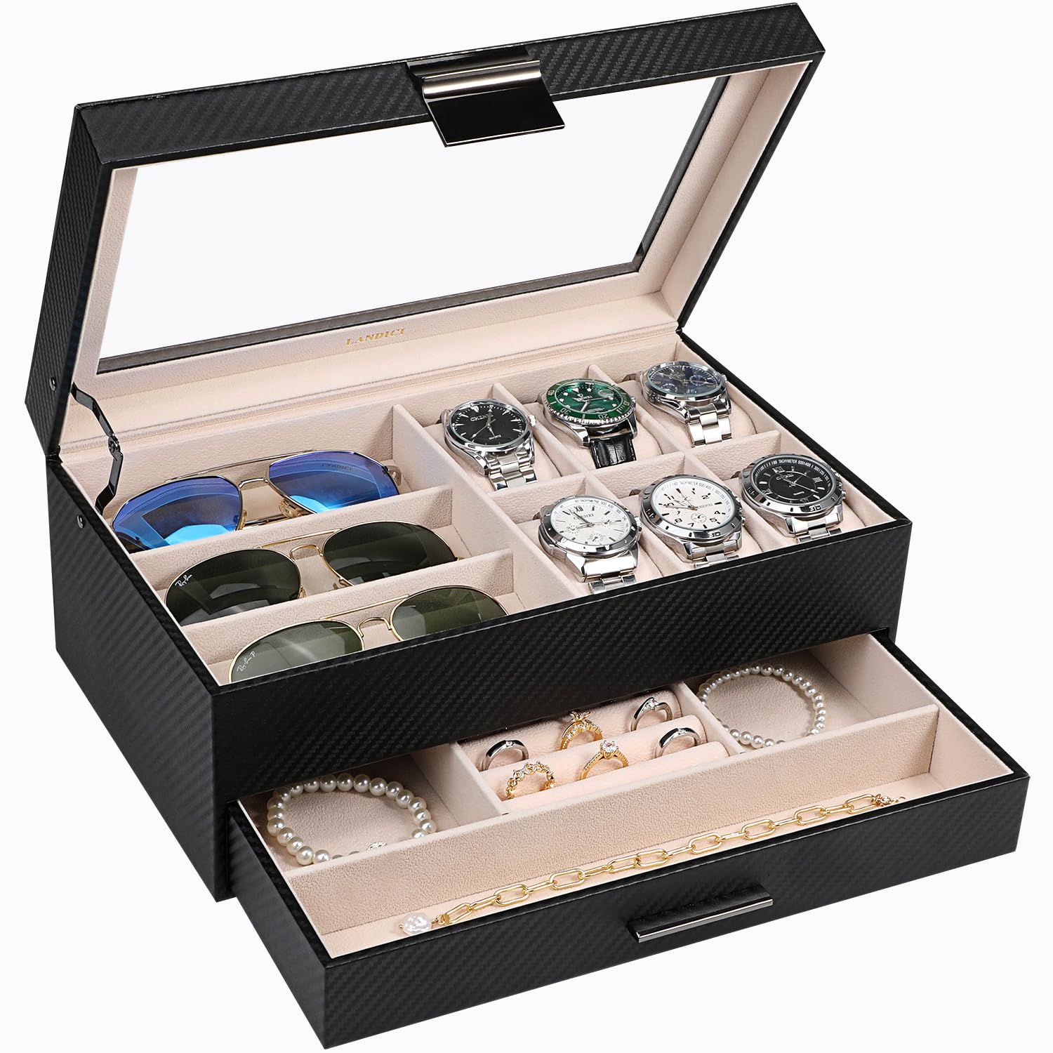 Premium PU Leather Watch Box for Men & Women - 2 Layer Jewelry Organizer with Storage Case for Watches, Sunglasses, Bracelets, Necklaces & Rings - Black & Apricot - Perfect for Travel, Home Display & Gift Giving