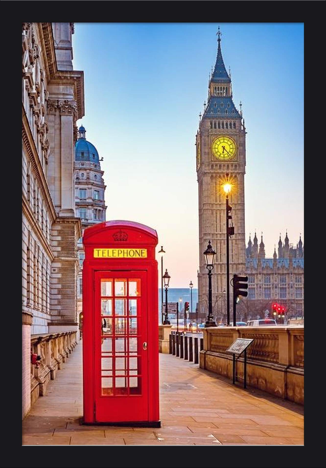 London England Red Phone Booth & Big Ben Giclee Art Print 16x24 - Gallery Framed Black Wood Wall Decor for Living Room, Office & British Theme Decor