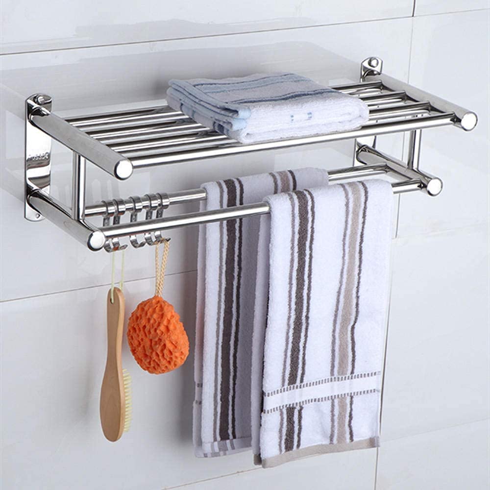 Stainless Steel Double Towel Rack with Hooks - 60cm Wall Mounted Bathroom Organizer Shelf for Kitchen & Shower - Durable Towel Bar Rail & Storage Holder - Perfect for Spa, Hotel, or Home Bathroom Decor