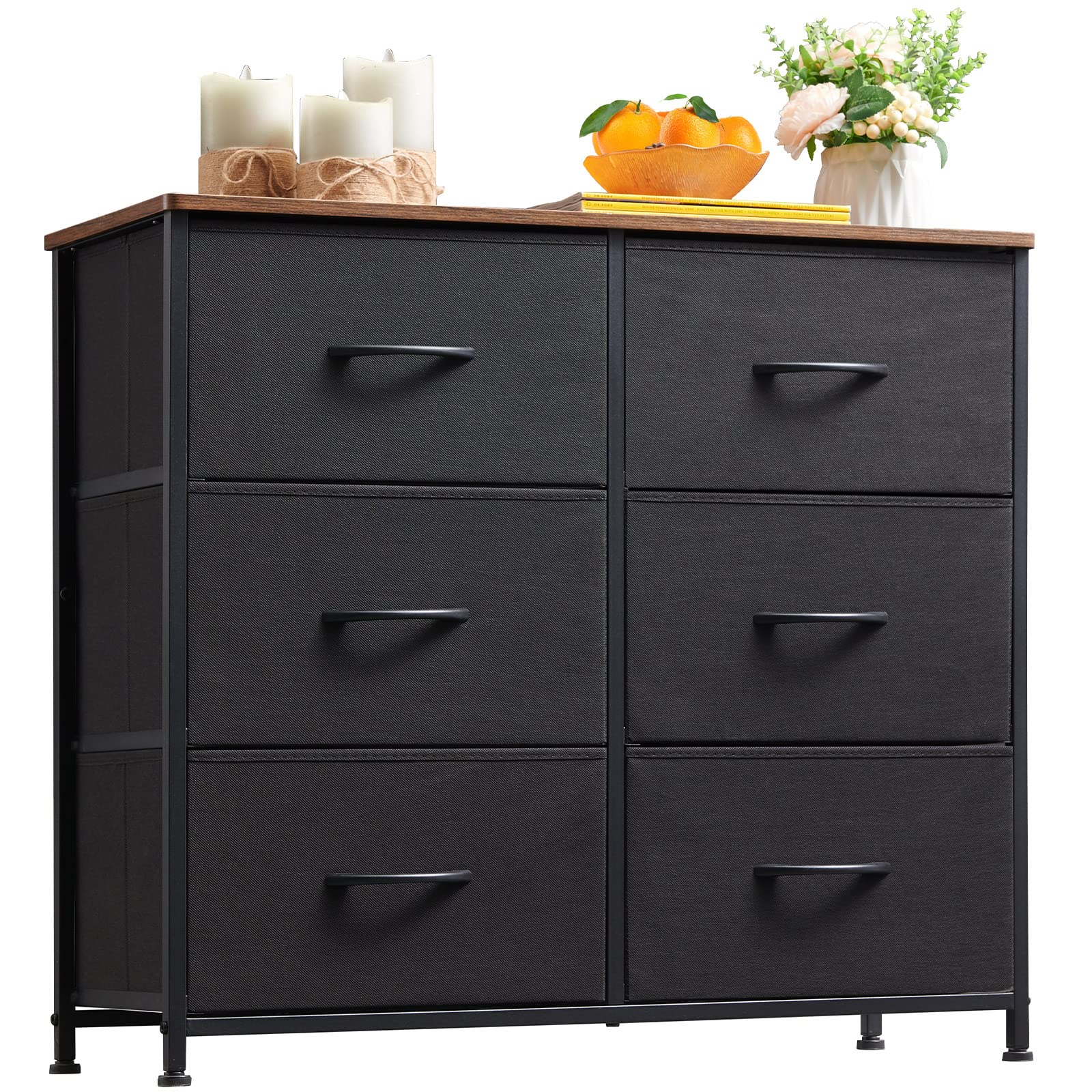 6-Drawer Dresser for Bedroom - 3-Tier Wide Storage Chest with Removable Fabric Bins | Perfect for Closet, Nursery, Bedside, Living Room, Laundry & Entryway Organization | Black & Rustic Brown Finish